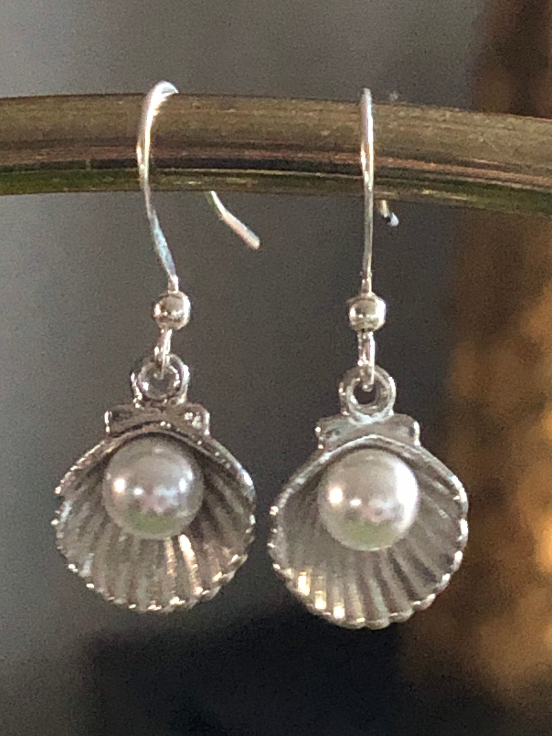 oyster with faux pearl earrings silver small drop shell pierced ears