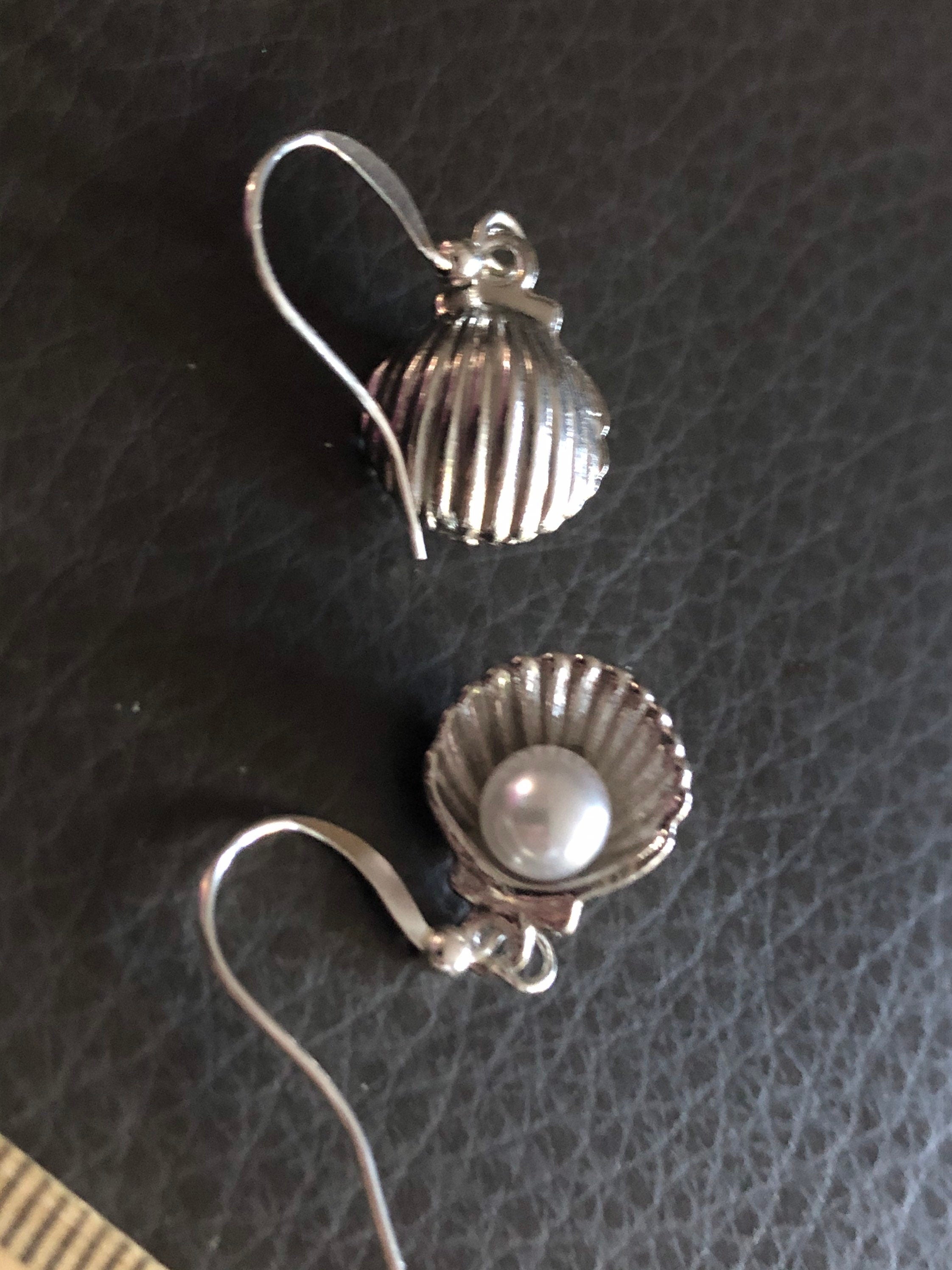 oyster with faux pearl earrings silver small drop shell pierced ears