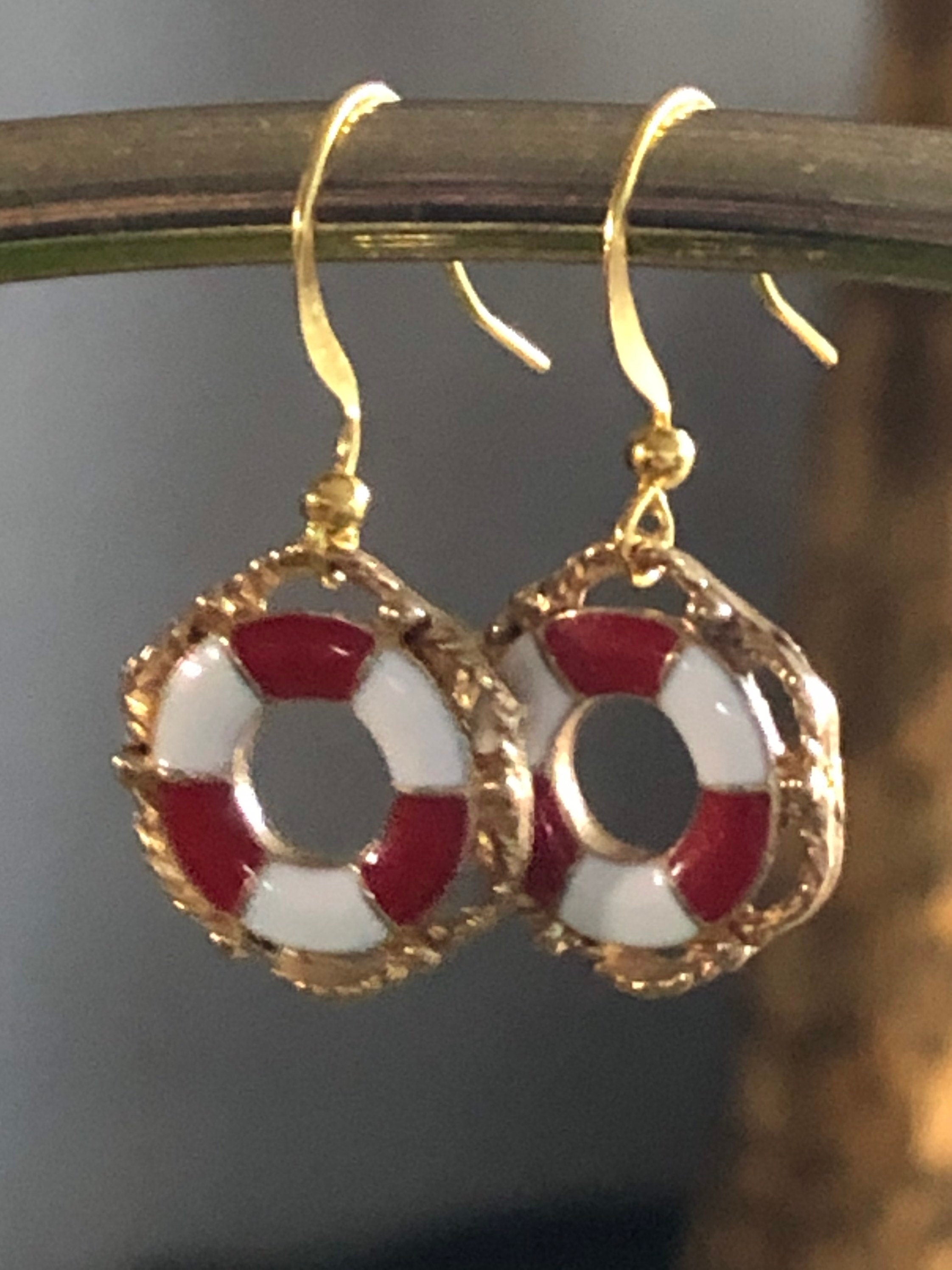 nautical red white enamel life ring bouy earrings small drops pierced gold tone