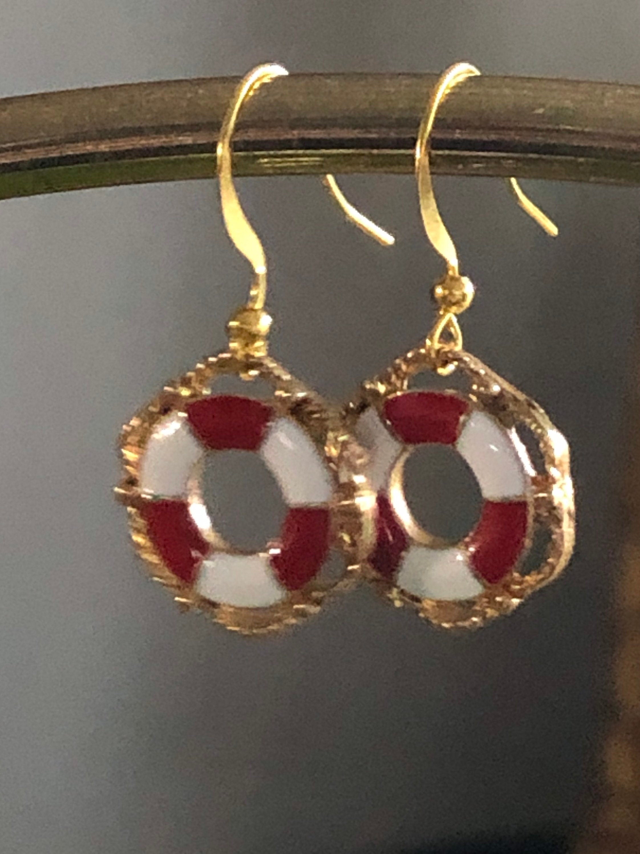 nautical red white enamel life ring bouy earrings small drops pierced gold tone