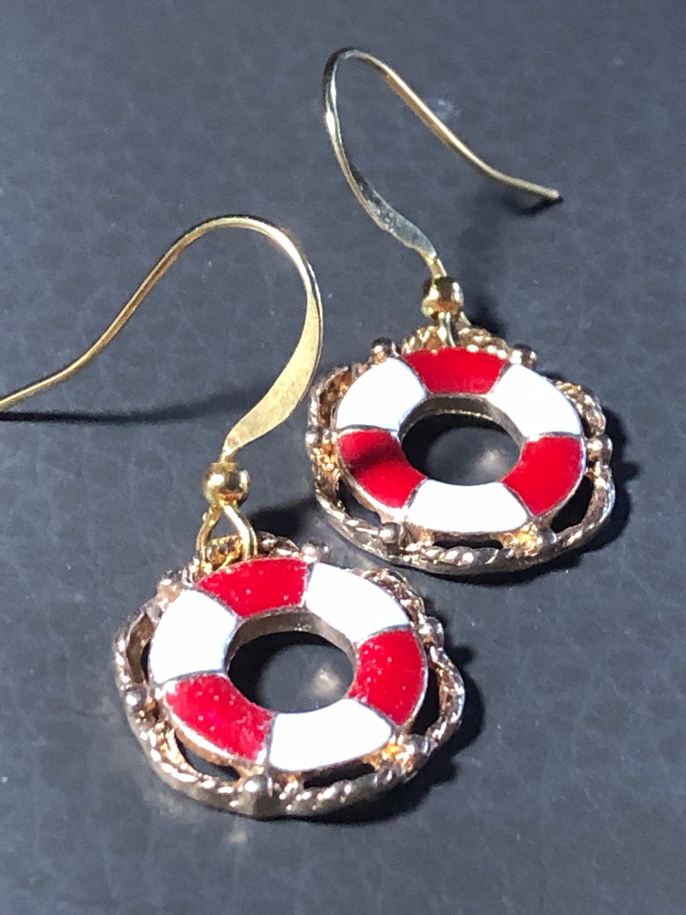 nautical red white enamel life ring bouy earrings small drops pierced gold tone