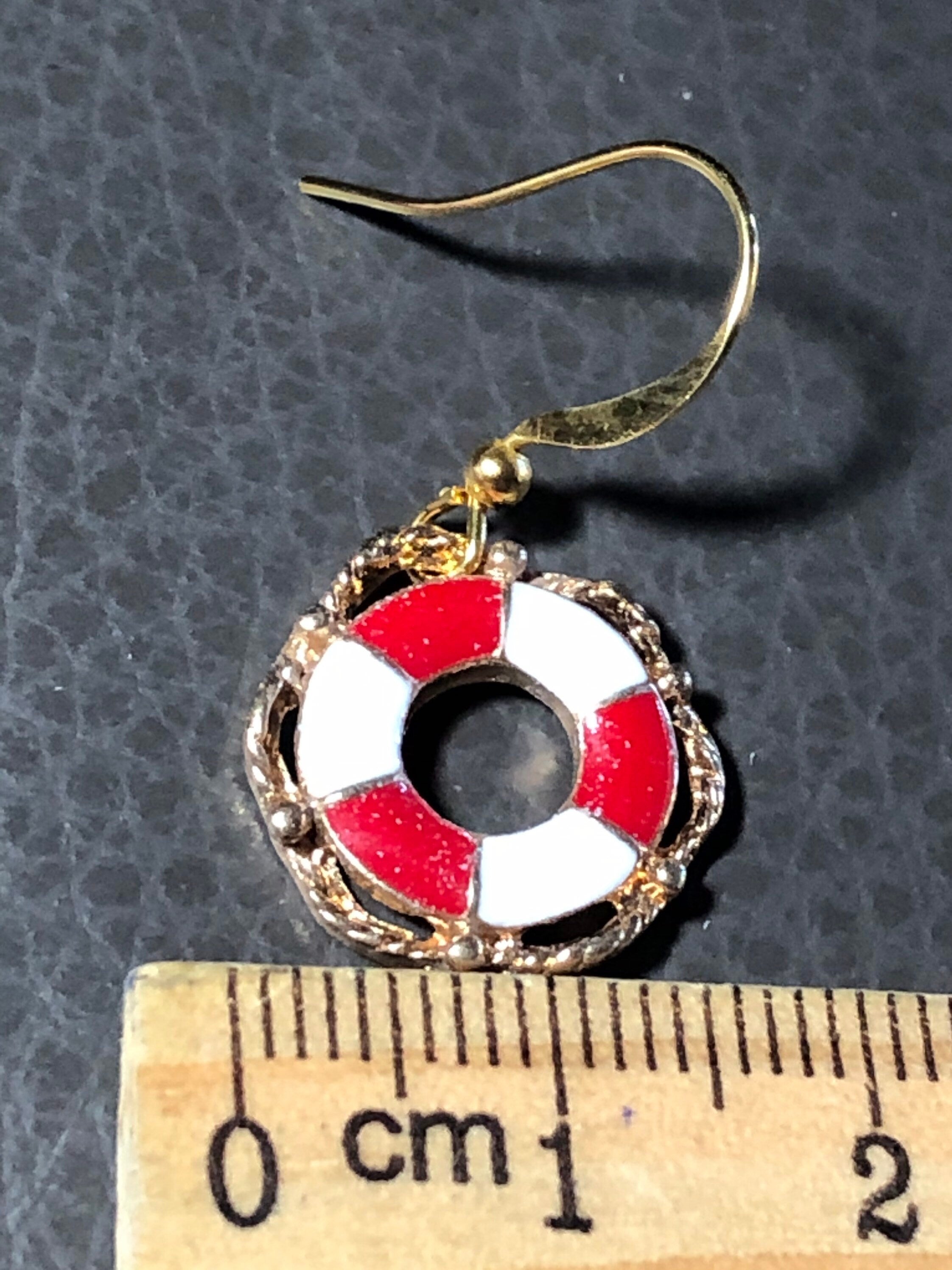 nautical red white enamel life ring bouy earrings small drops pierced gold tone