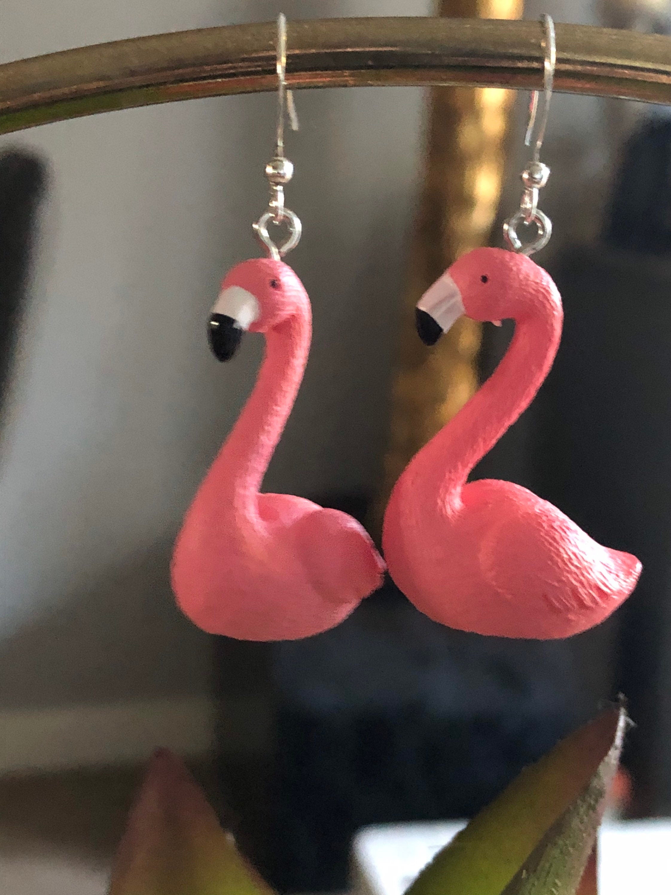 novelty Bright Pink large plastic Flamingo drop earrings