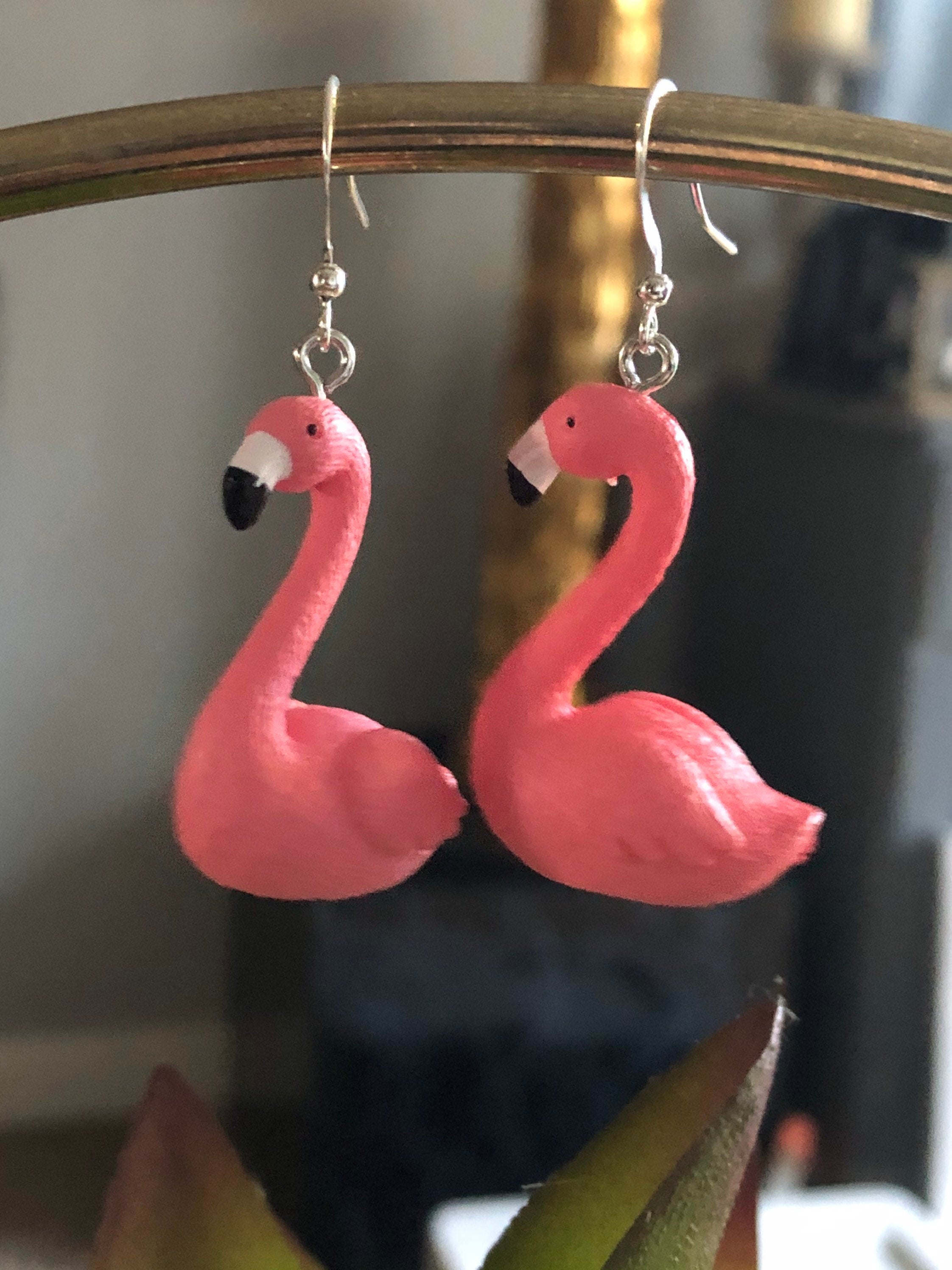 novelty Bright Pink large plastic Flamingo drop earrings