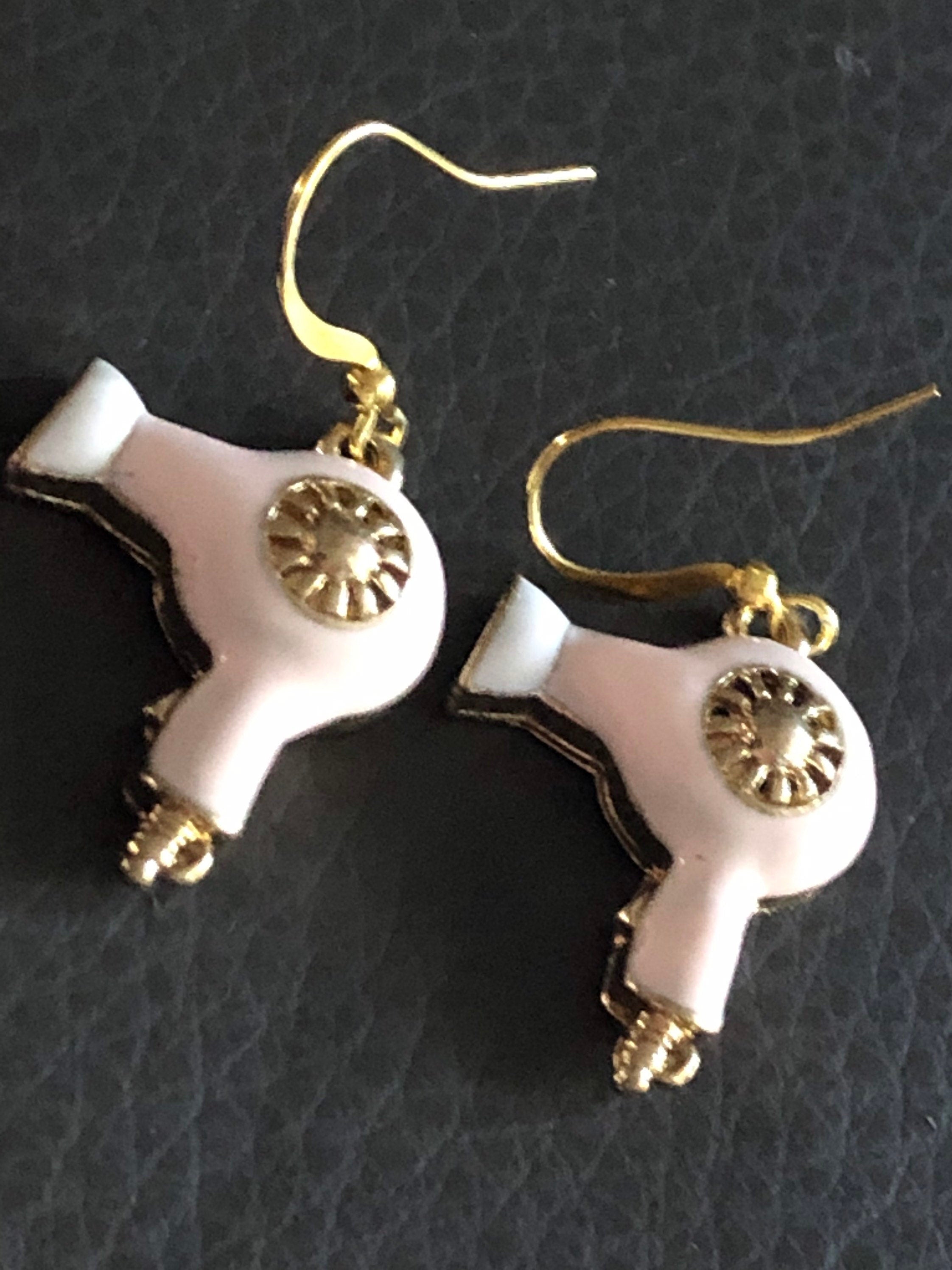 gold tone blush pink enamel diamanté hairdryer drop earrings