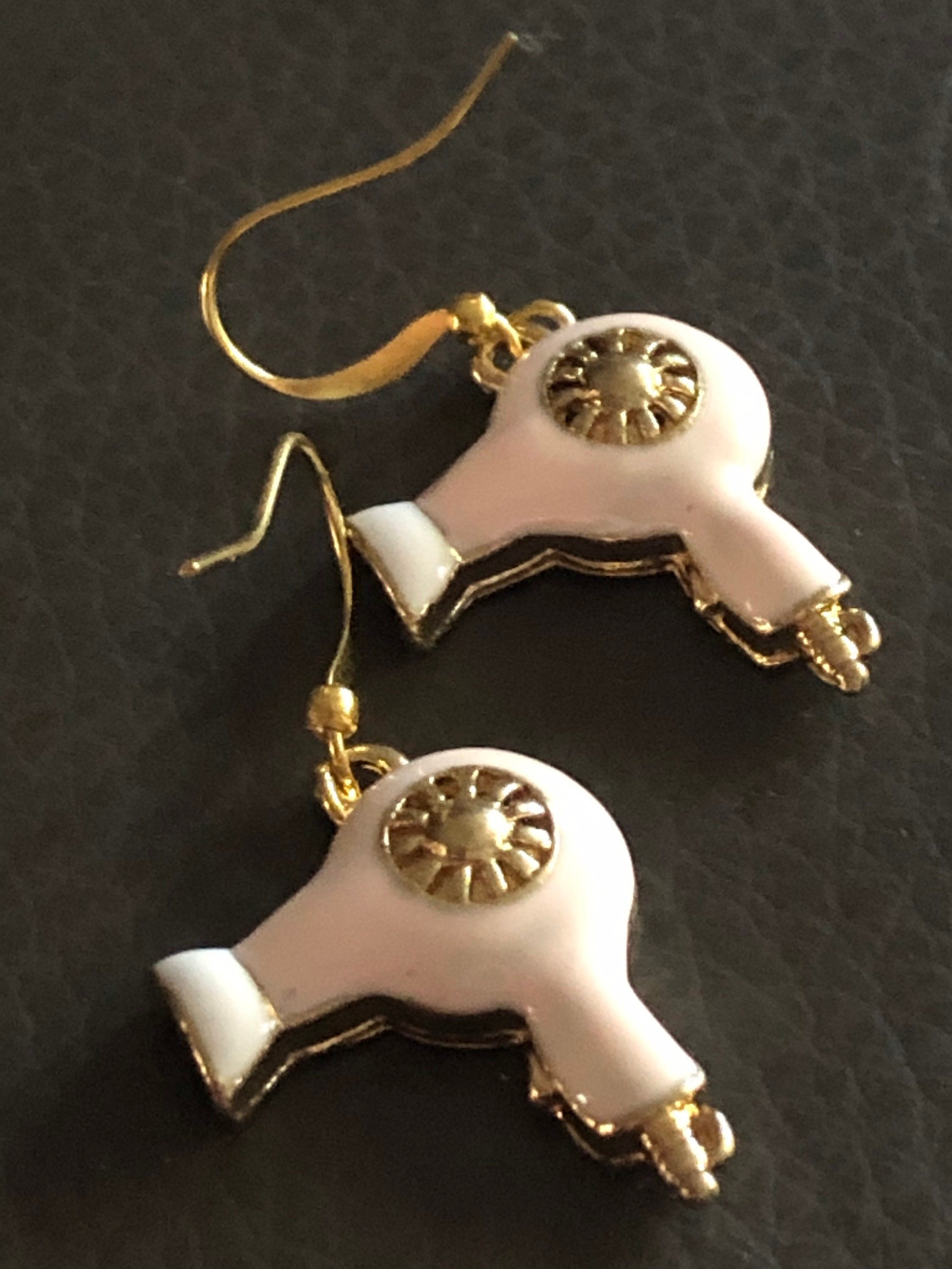 gold tone blush pink enamel diamanté hairdryer drop earrings