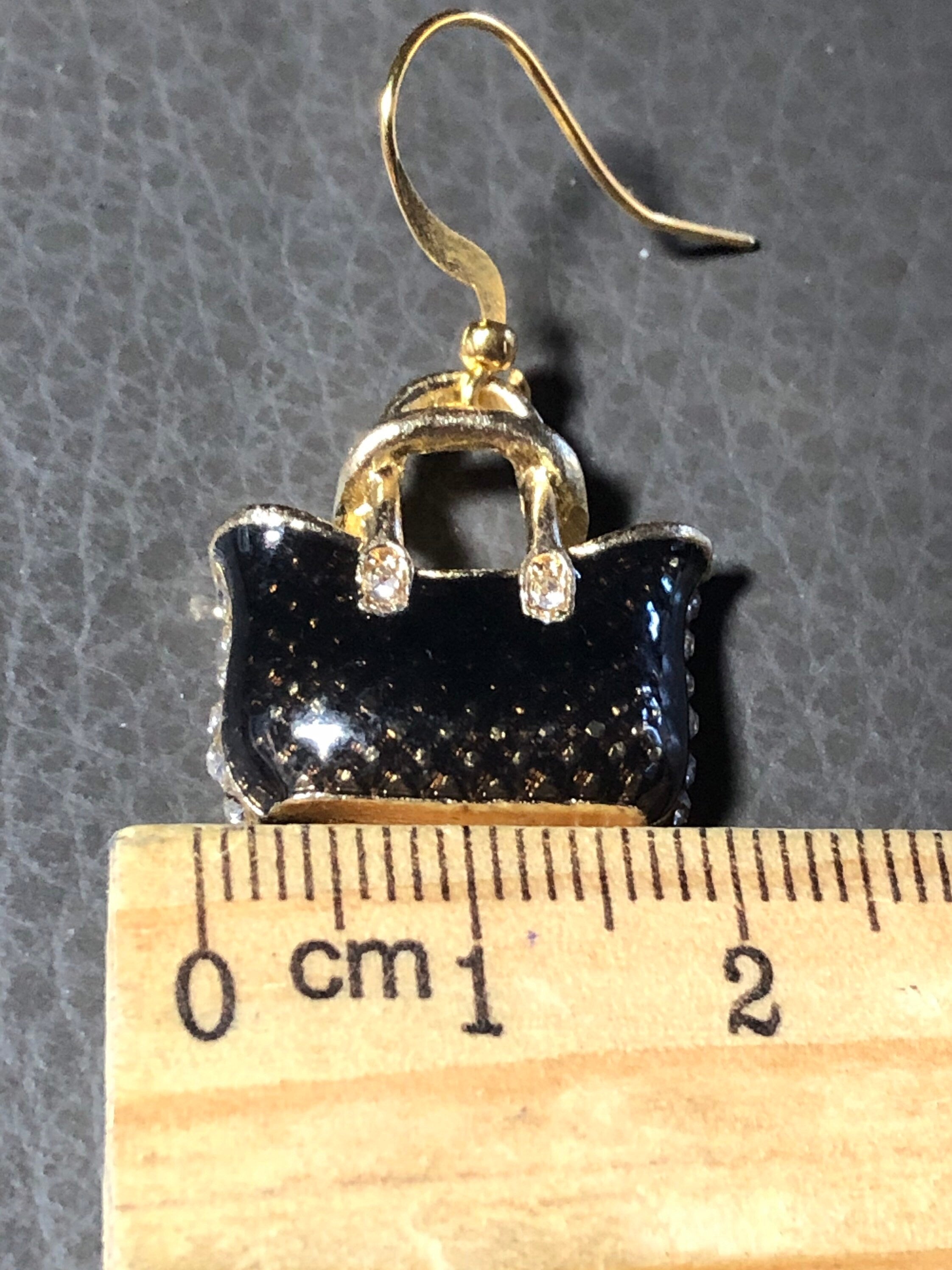 tote bag earrings gold tone black enamel rhinestone handbag drop earrings
