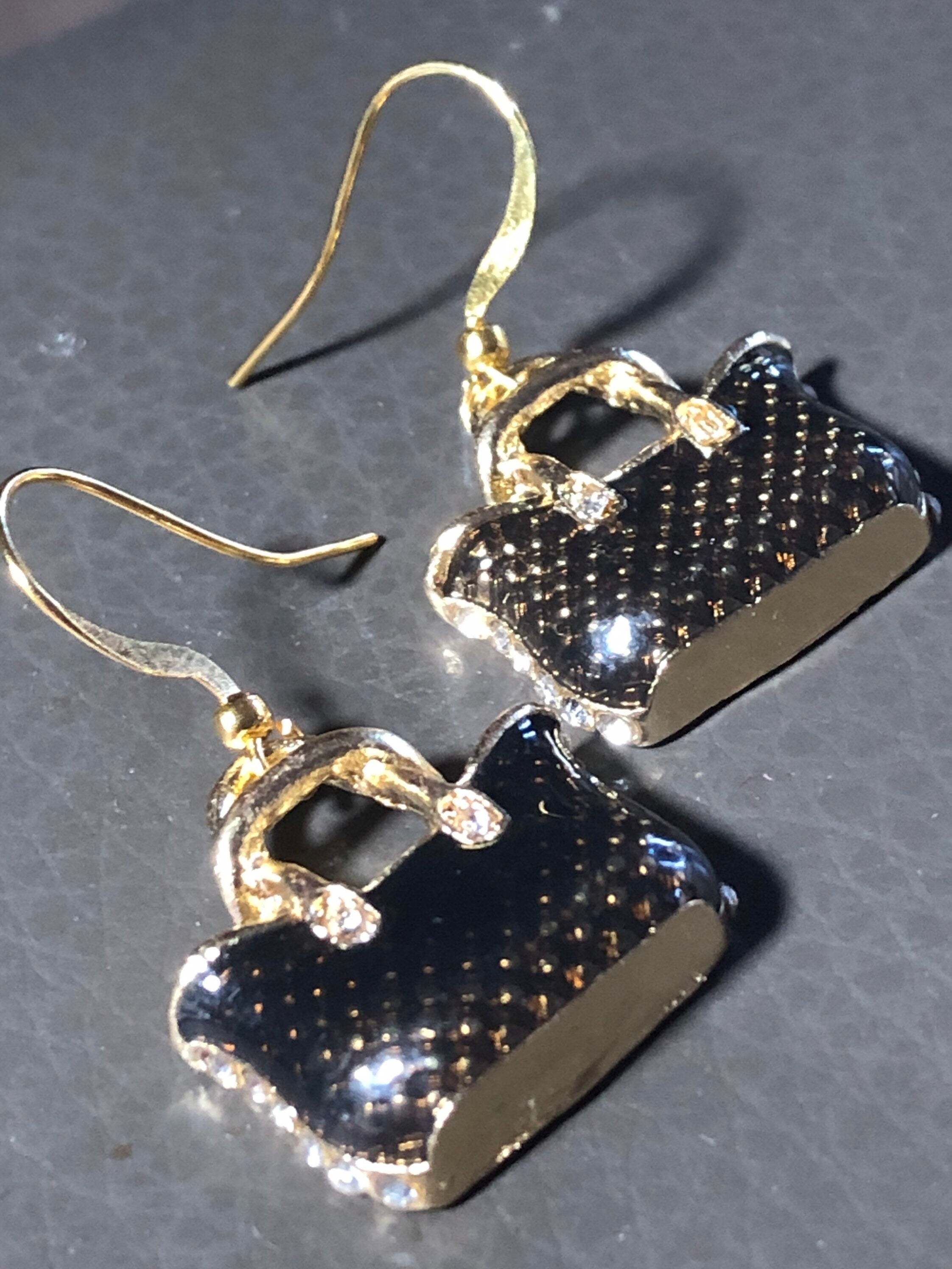 tote bag earrings gold tone black enamel rhinestone handbag drop earrings