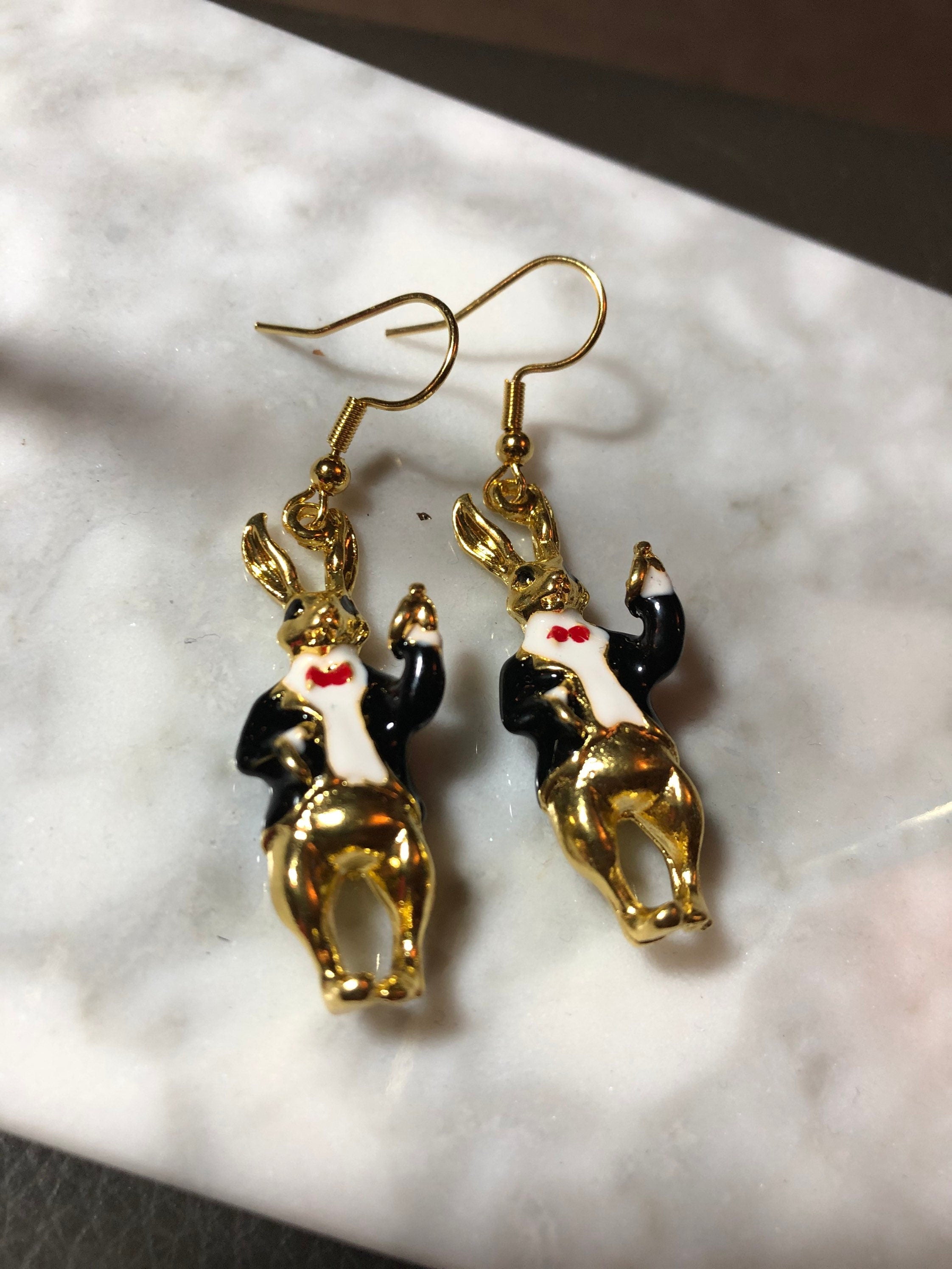 Alice in wonderland inspired rabbit earrings for pierced ears gold tone black white enamel