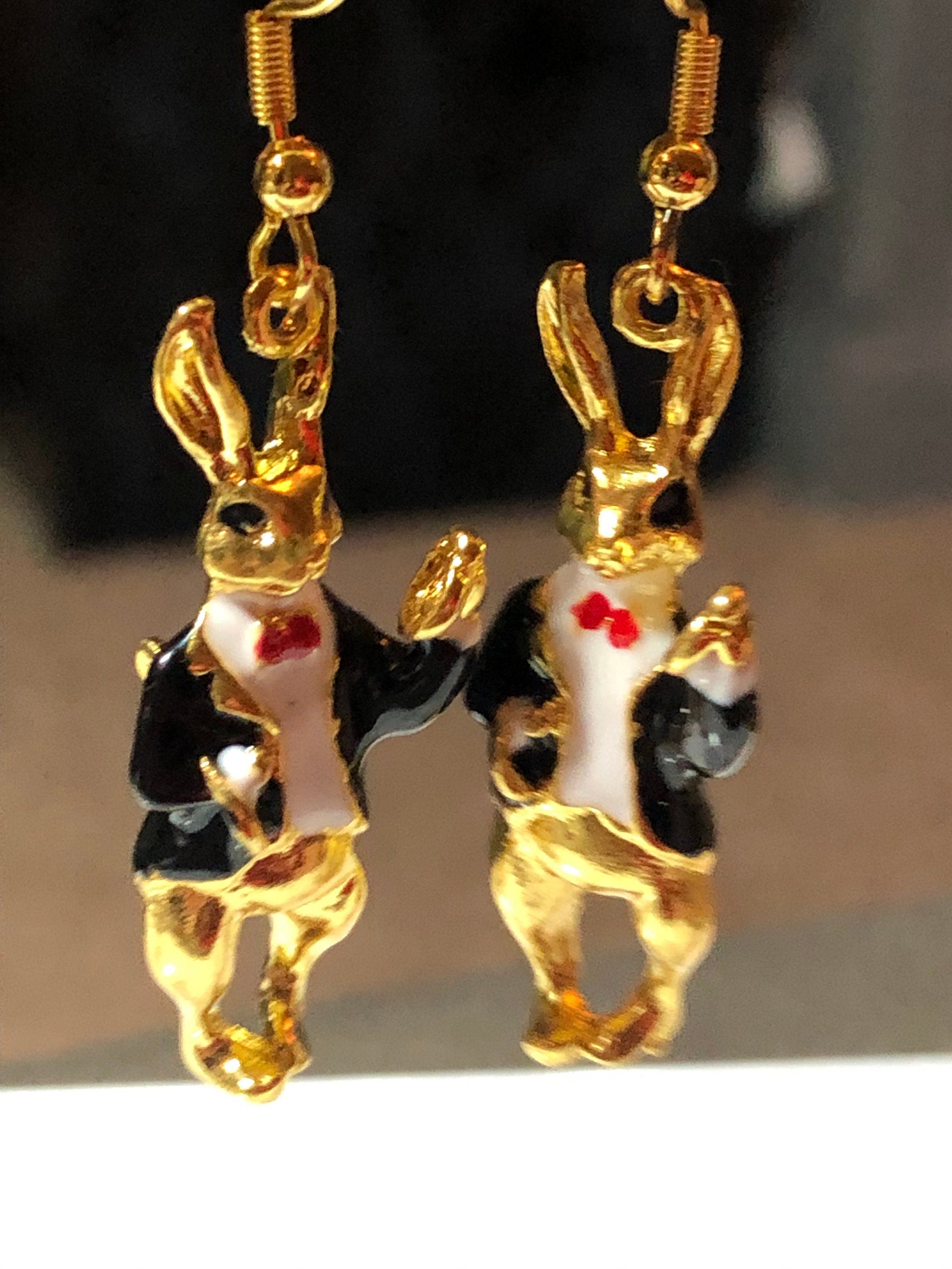Alice in wonderland inspired rabbit earrings for pierced ears gold tone black white enamel