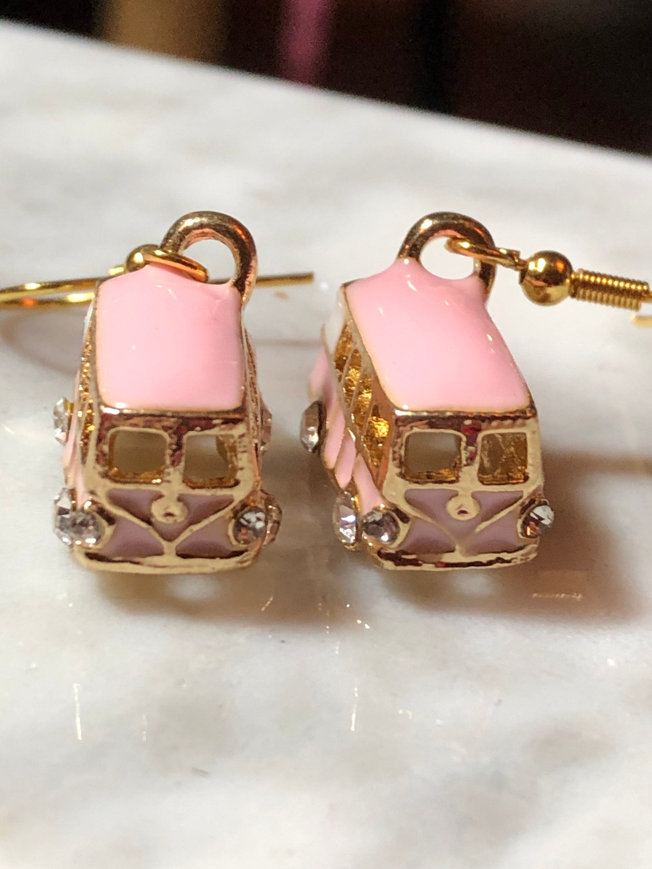 Novelty PINK enamel diamanté vintage camper van drop earrings