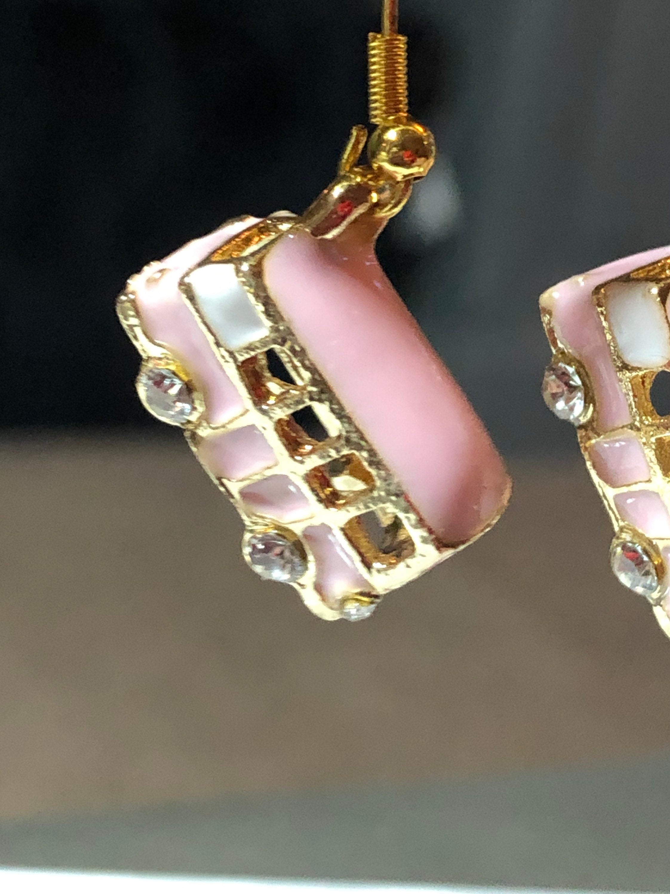 Novelty PINK enamel diamanté vintage camper van drop earrings