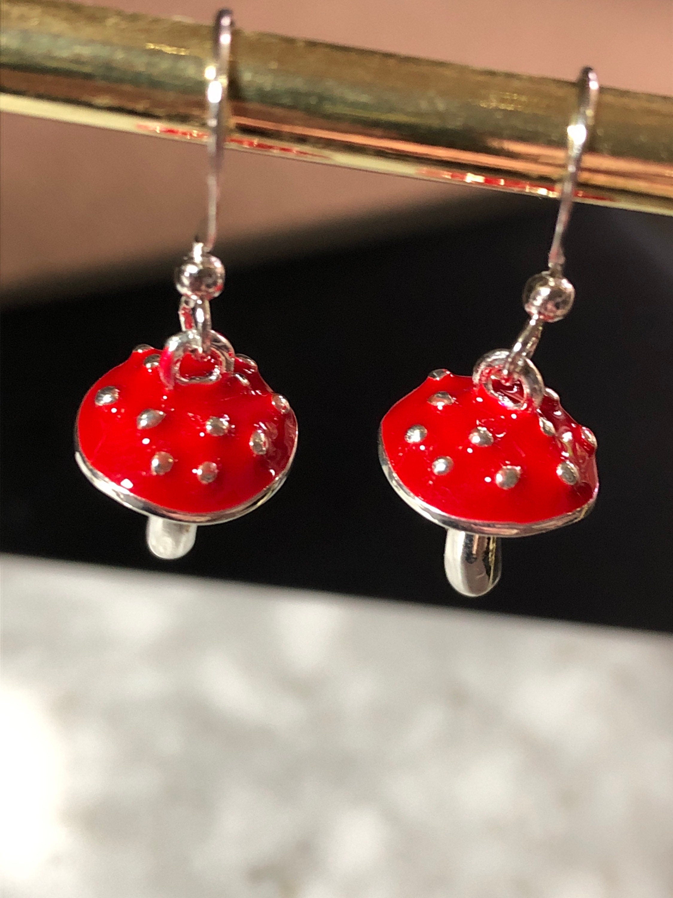 Novelty red and silver Fairy toadstool drop earrings for pierced ears