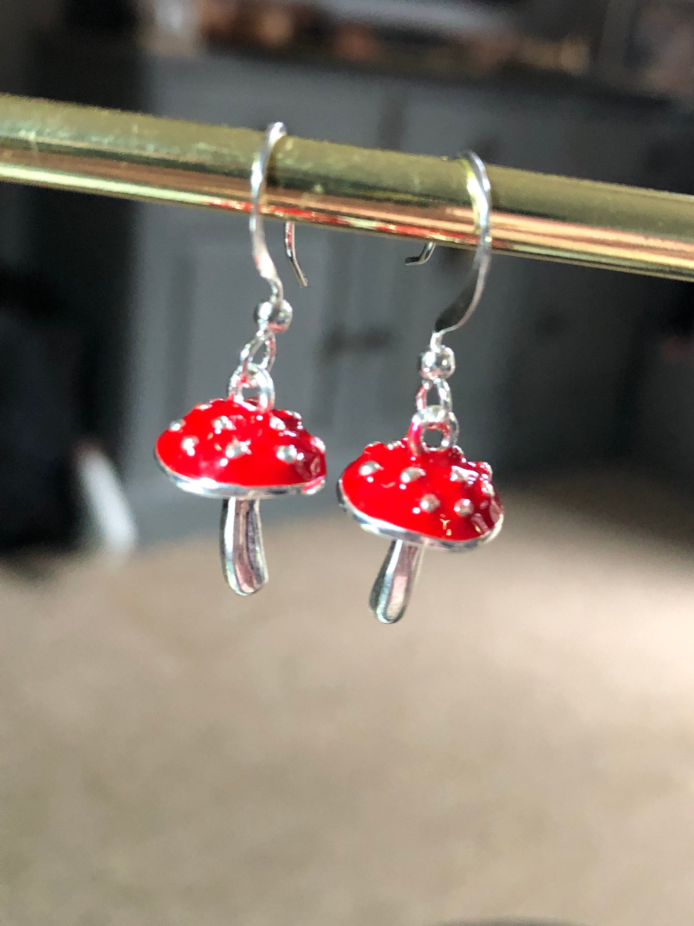 Novelty red and silver Fairy toadstool drop earrings for pierced ears