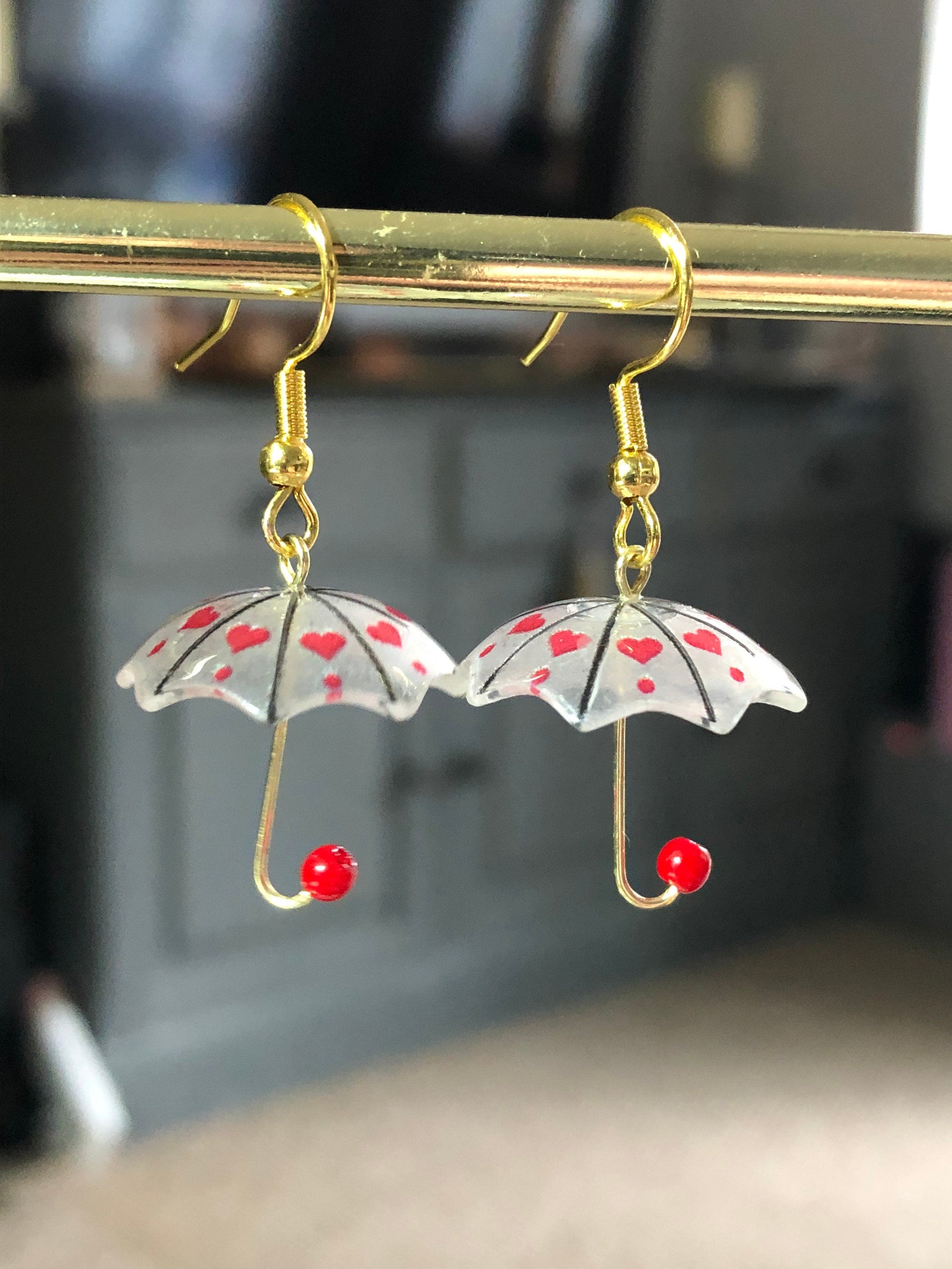 Retro style Novelty gold tone red heart umbrella drop earrings for pierced ears