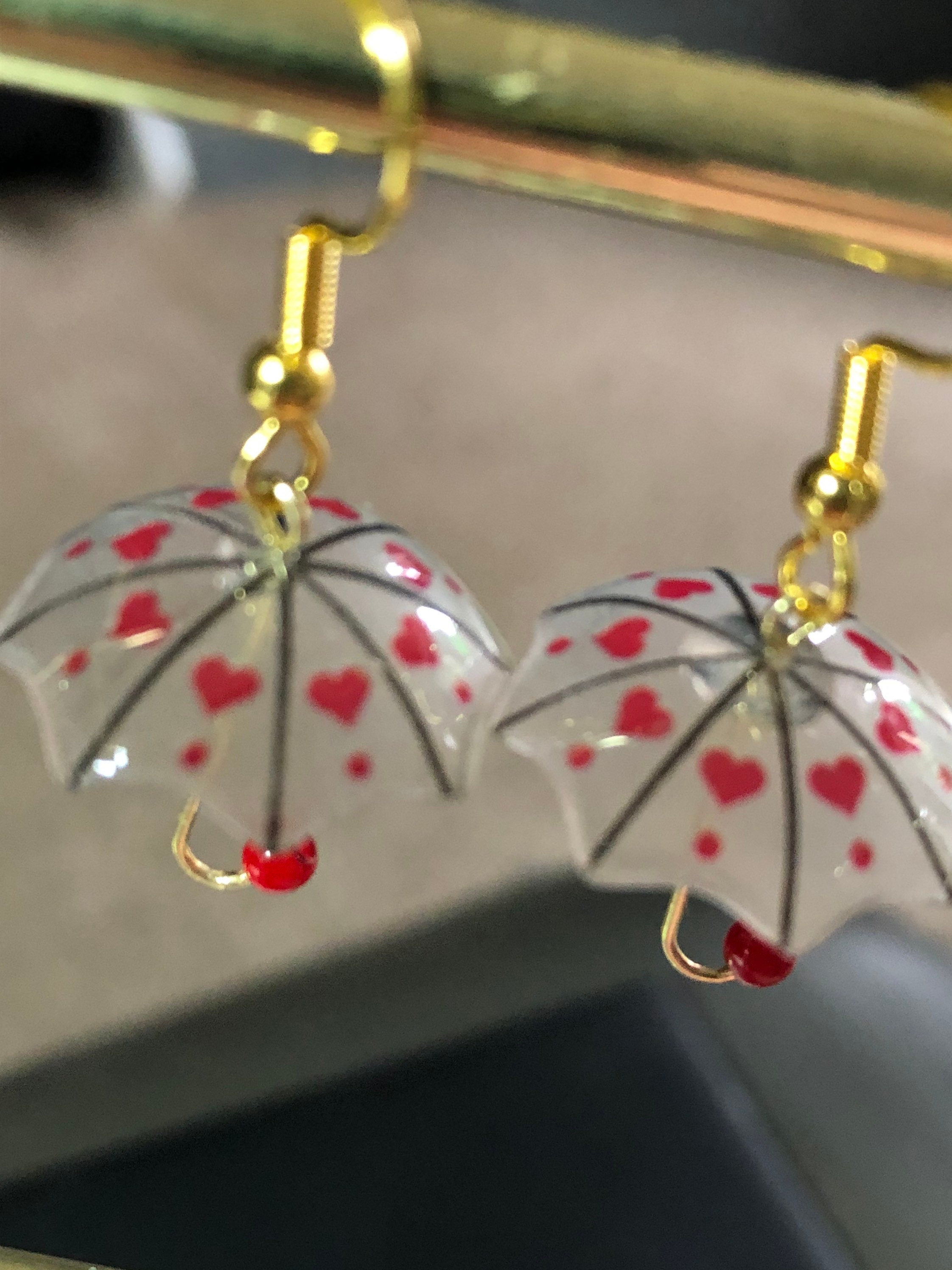 Retro style Novelty gold tone red heart umbrella drop earrings for pierced ears