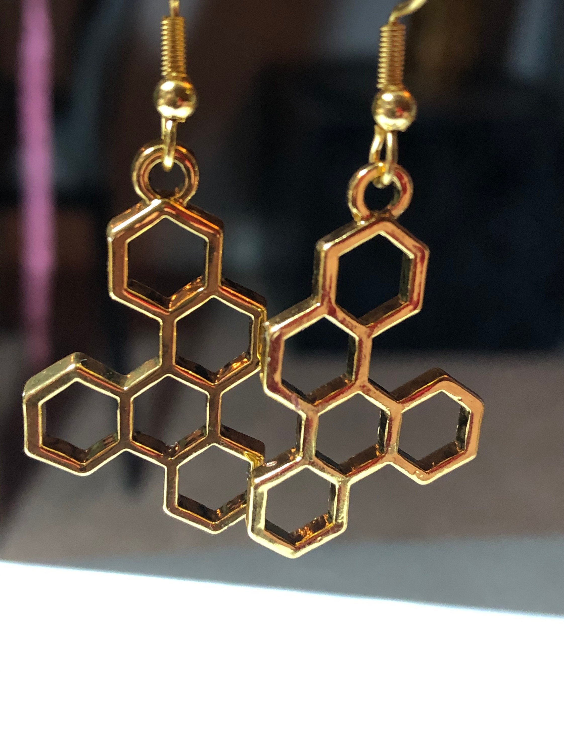 Gold tone honey bee honeycomb drop earrings