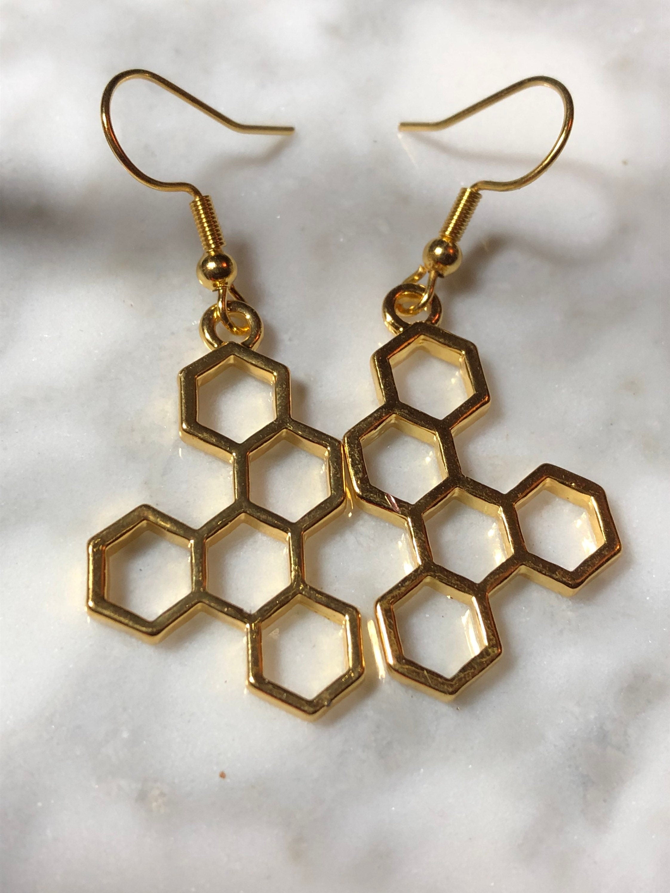 Gold tone honey bee honeycomb drop earrings