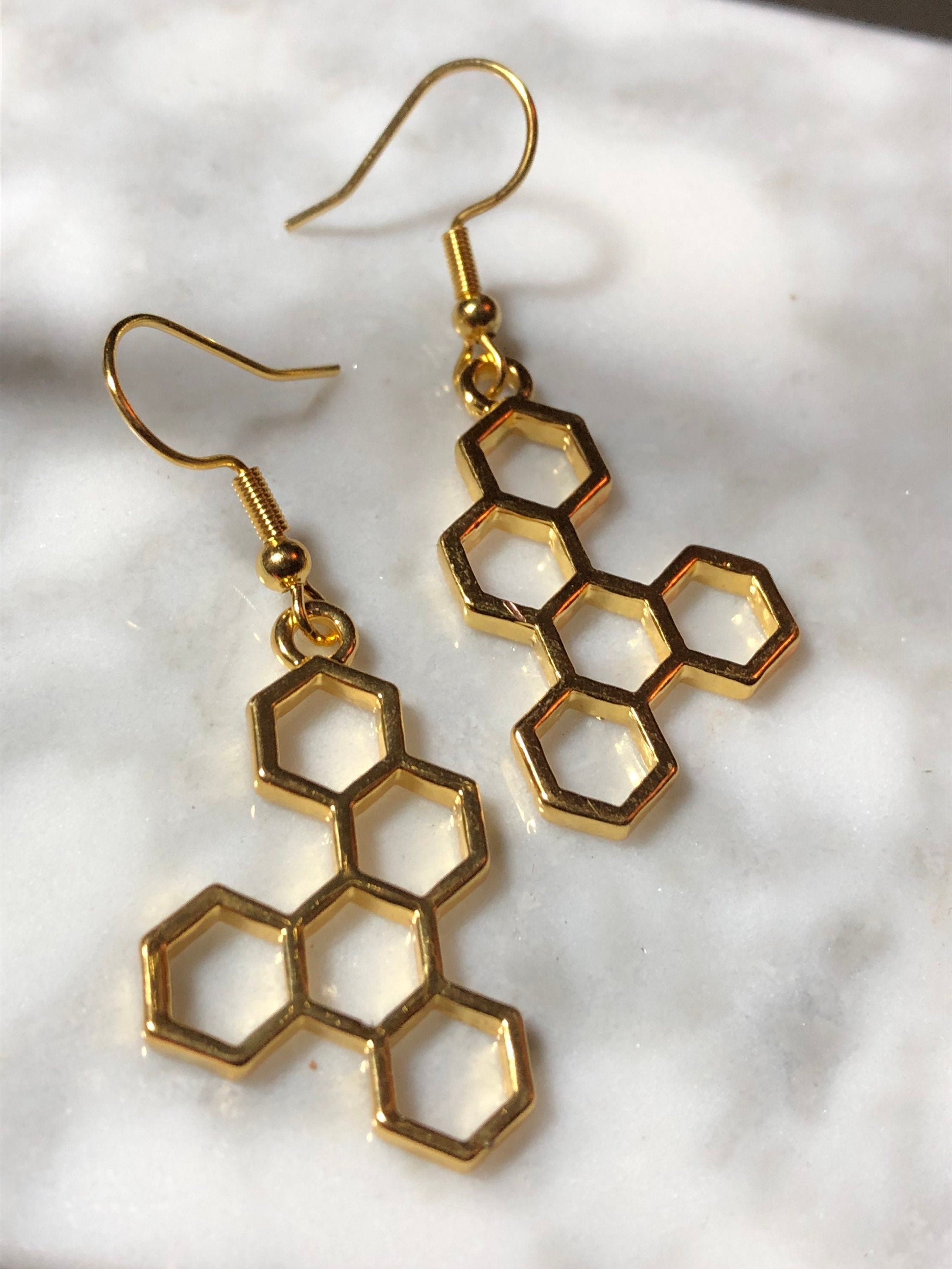 Gold tone honey bee honeycomb drop earrings
