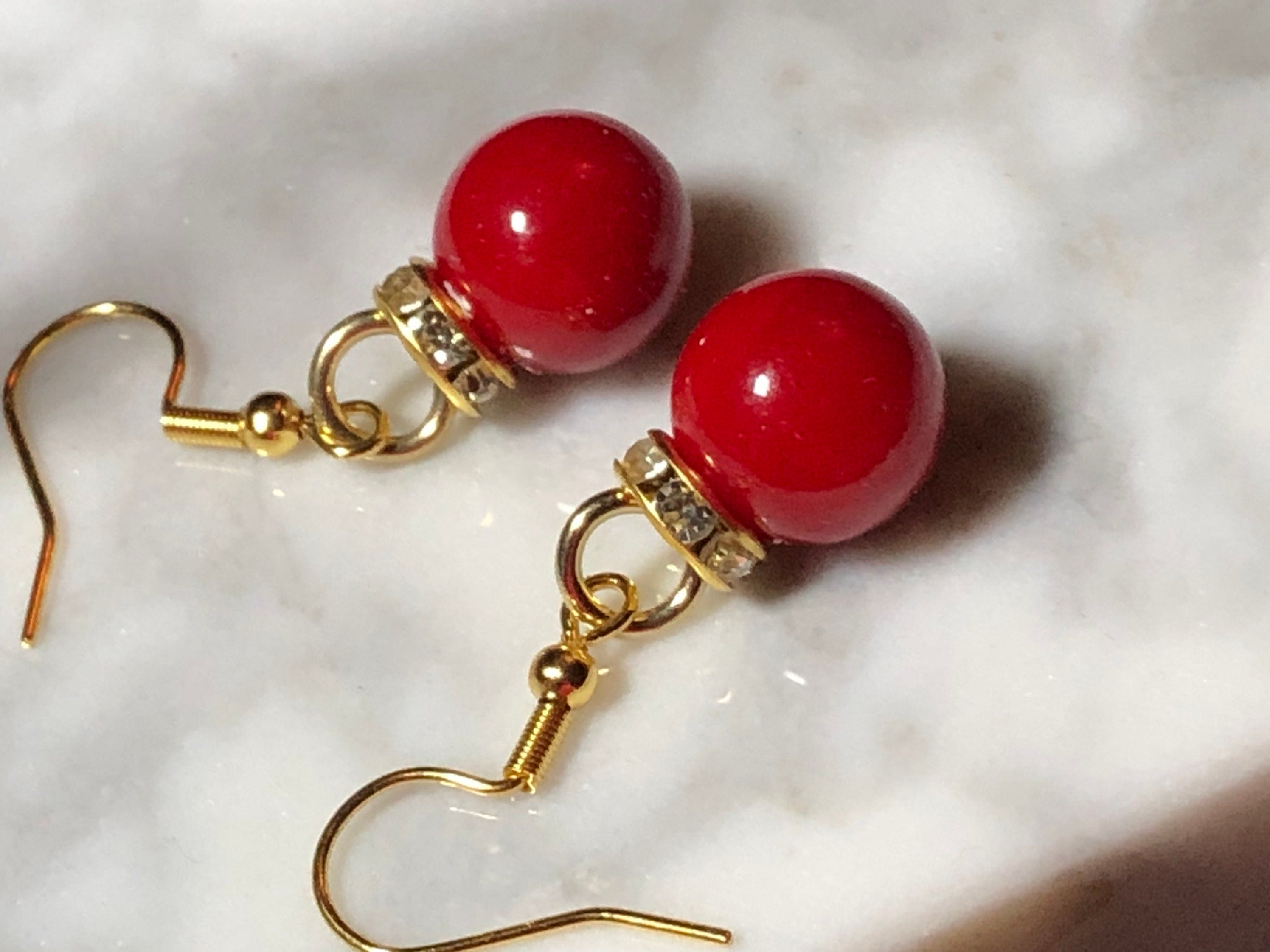 cherry red Christmas bauble small round gold tone drop earrings with crystal diamanté