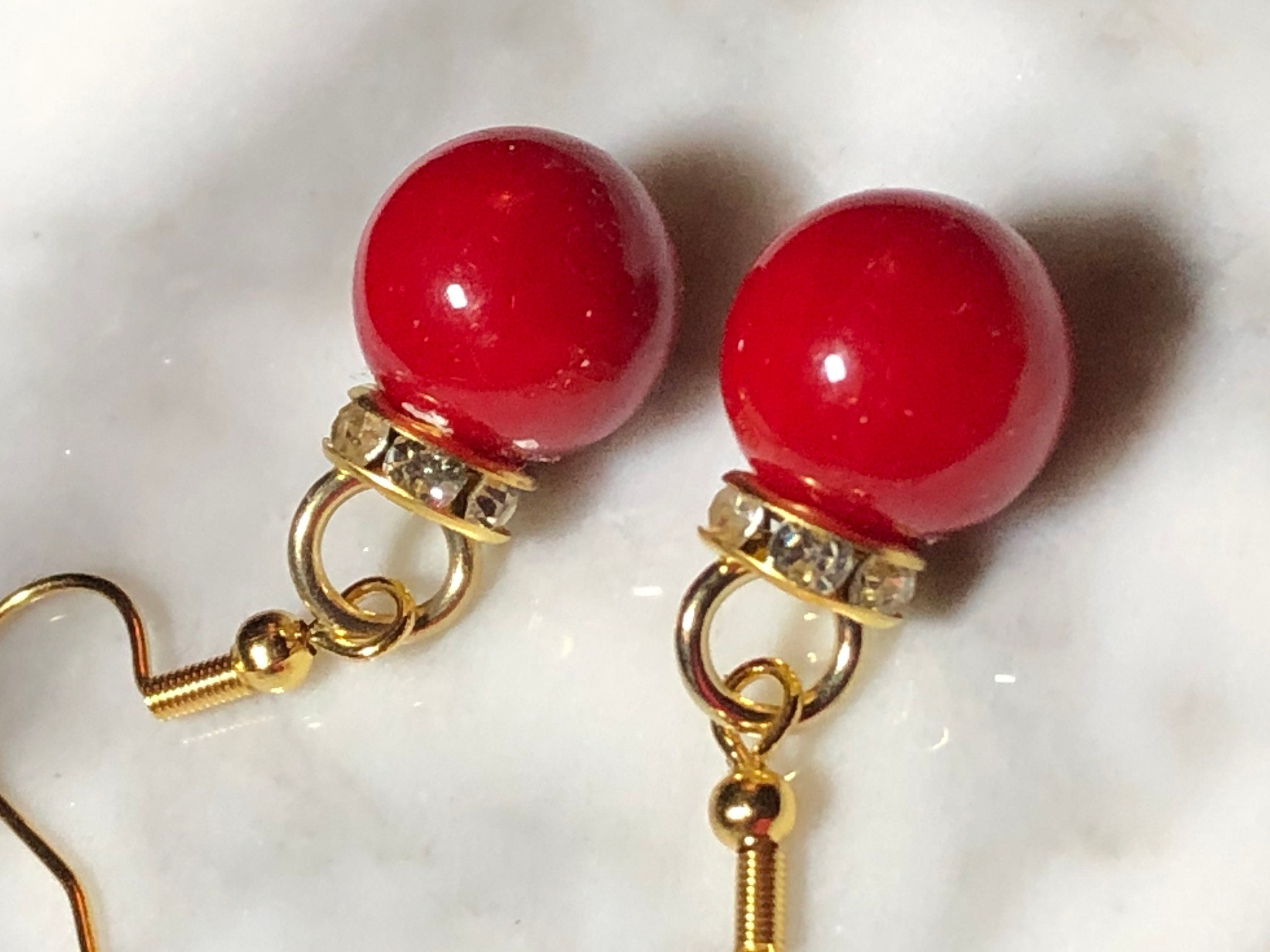cherry red Christmas bauble small round gold tone drop earrings with crystal diamanté