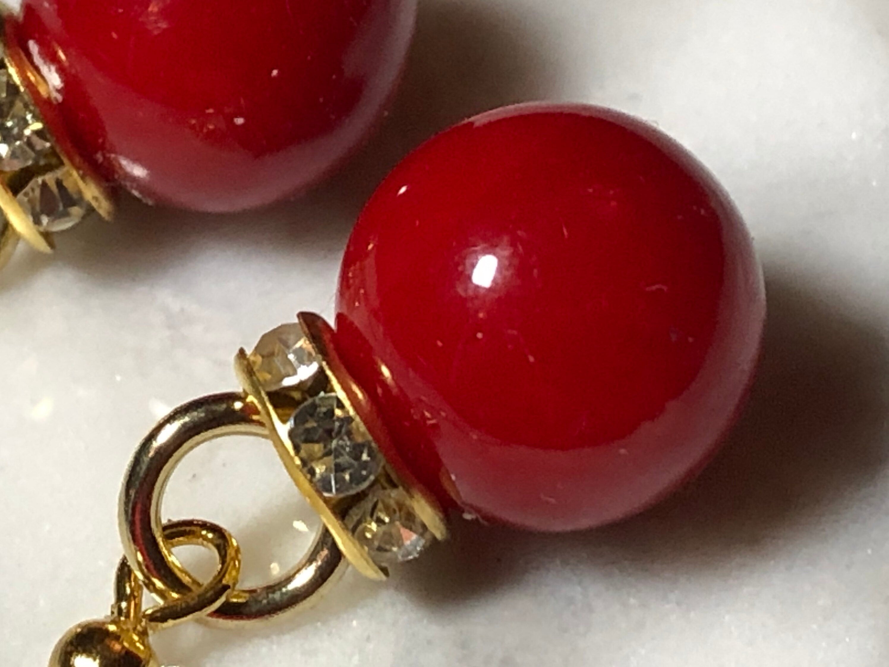 cherry red Christmas bauble small round gold tone drop earrings with crystal diamanté