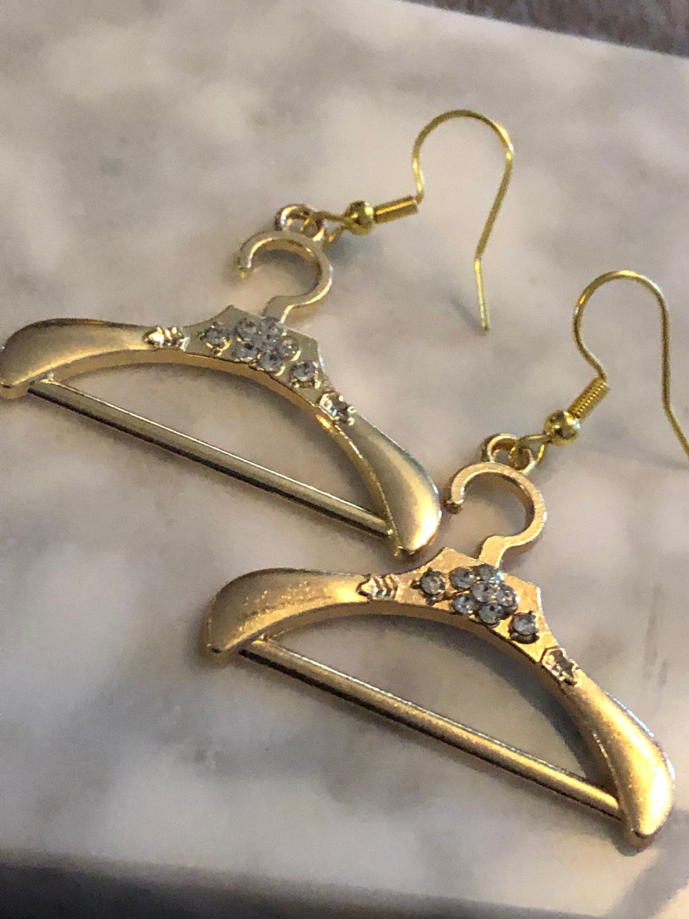coat hanger drop earrings for pierced ears gold tone diamanté fashionista
