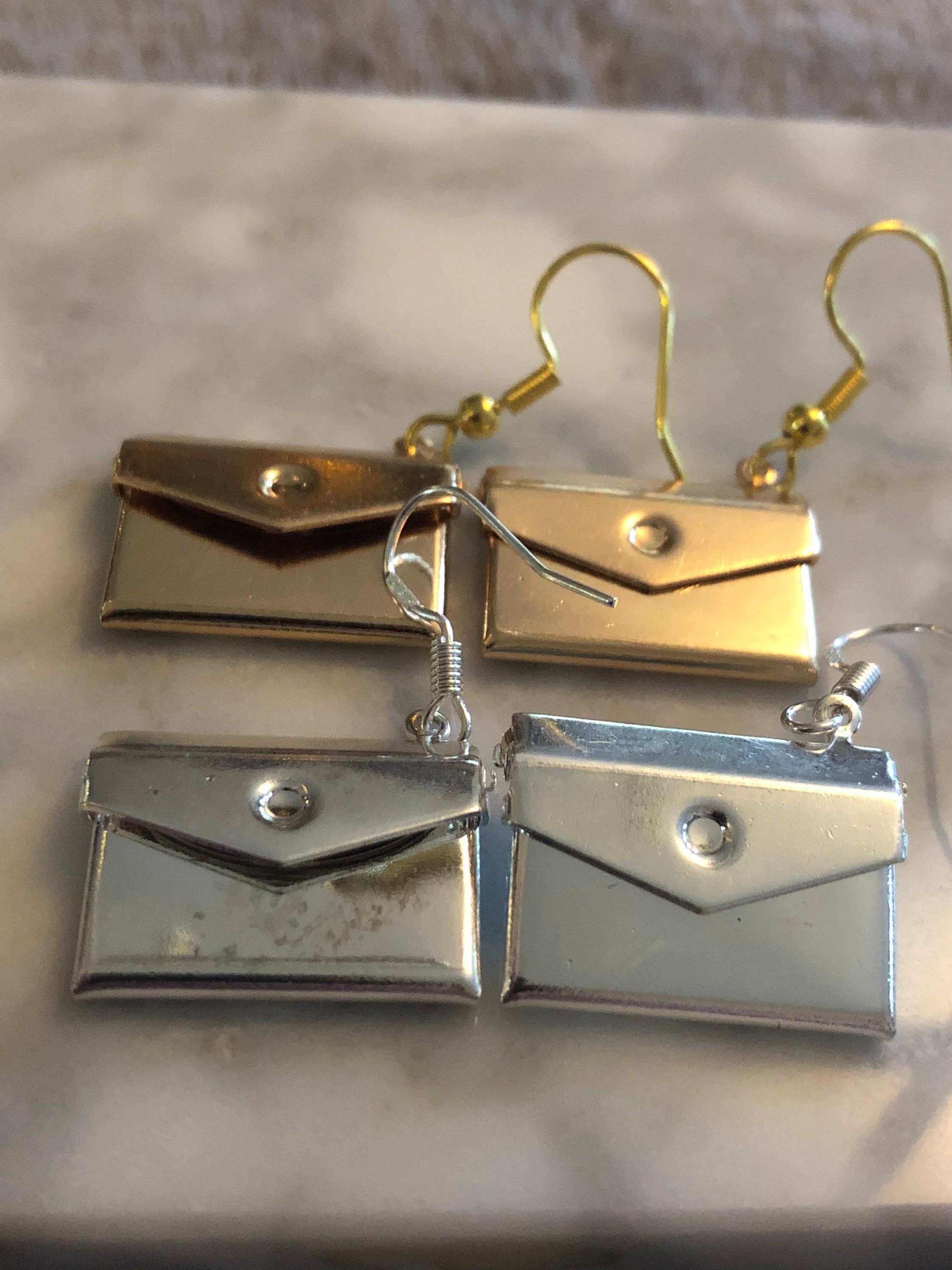 silver envelope drop earrings metal articulated opening for pierced ears