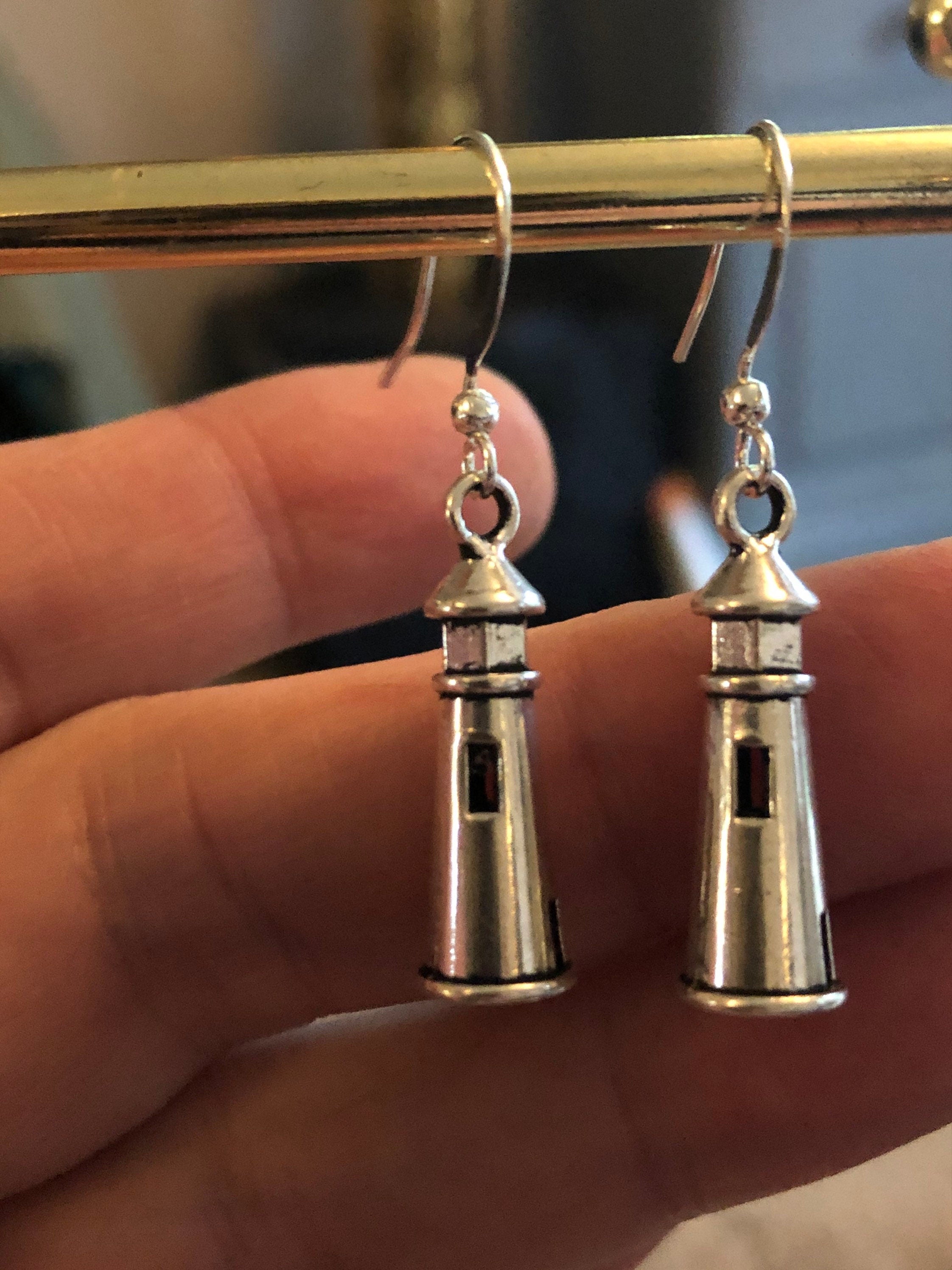 Nautical silver metal lighthouse dangly earrings pierced ears