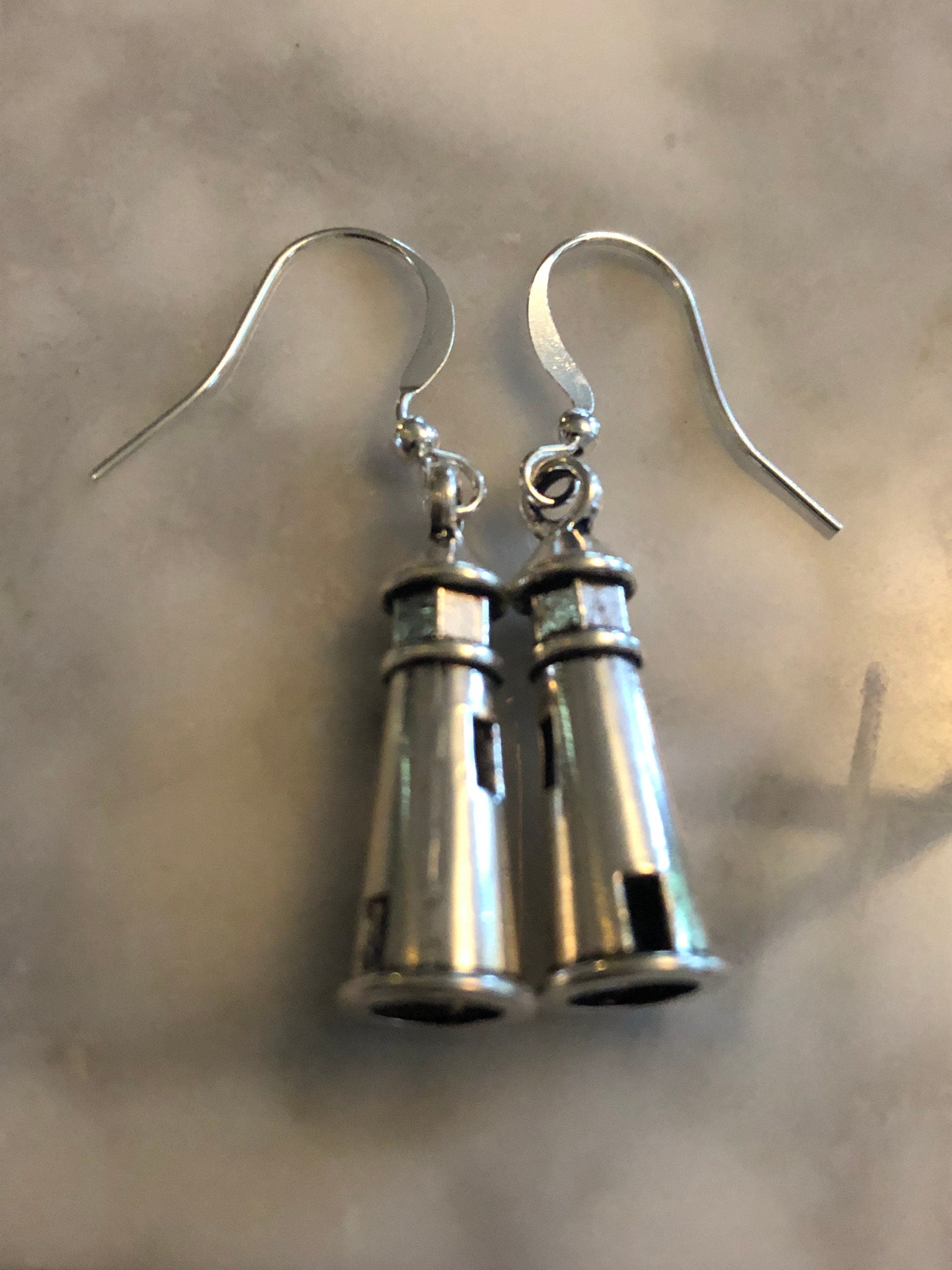 Nautical silver metal lighthouse dangly earrings pierced ears