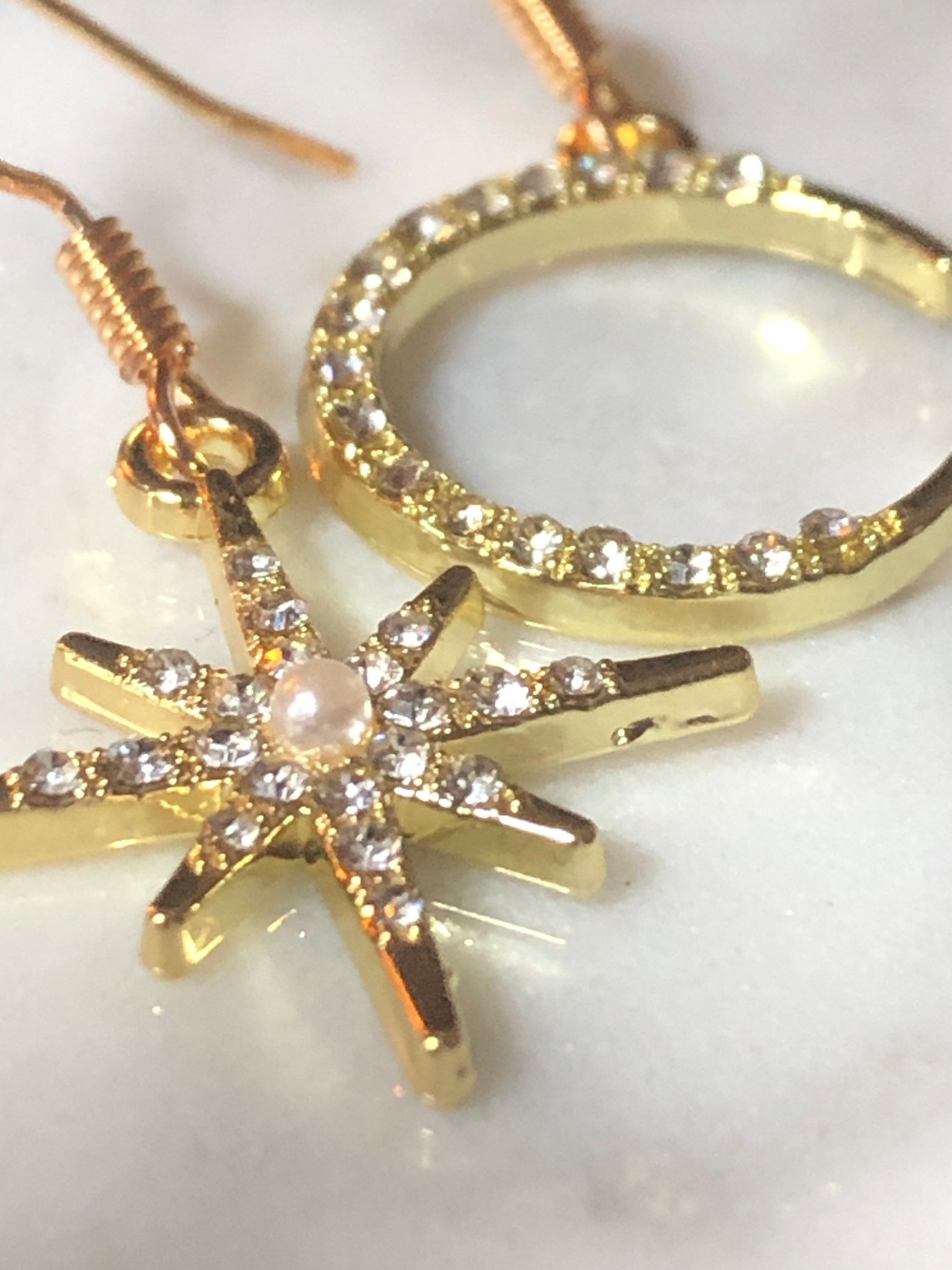 silver tone oversized Celestial star & moon earrings paste diamanté