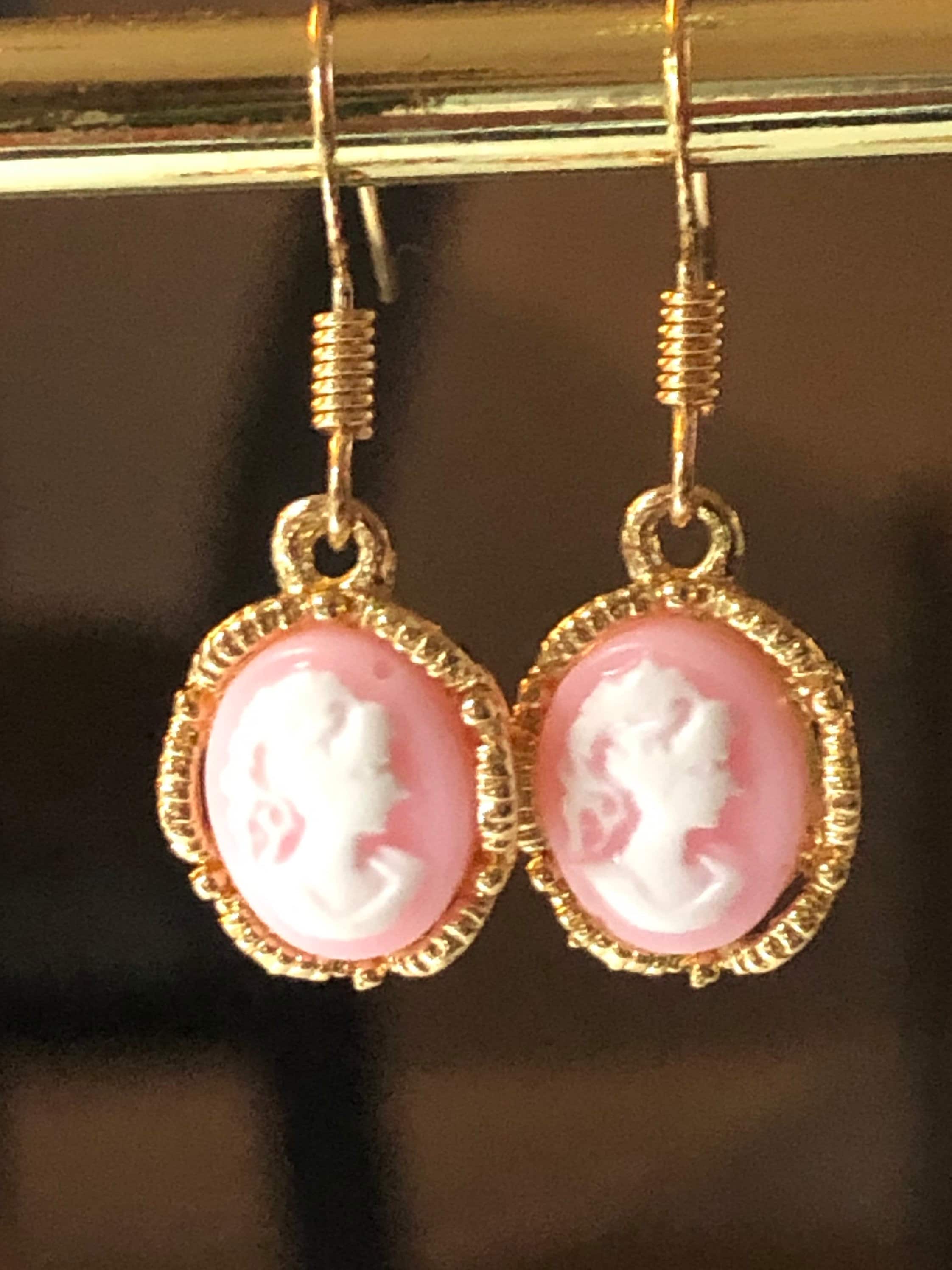 gold tone PINK and white resin small drop CAMEO earrings