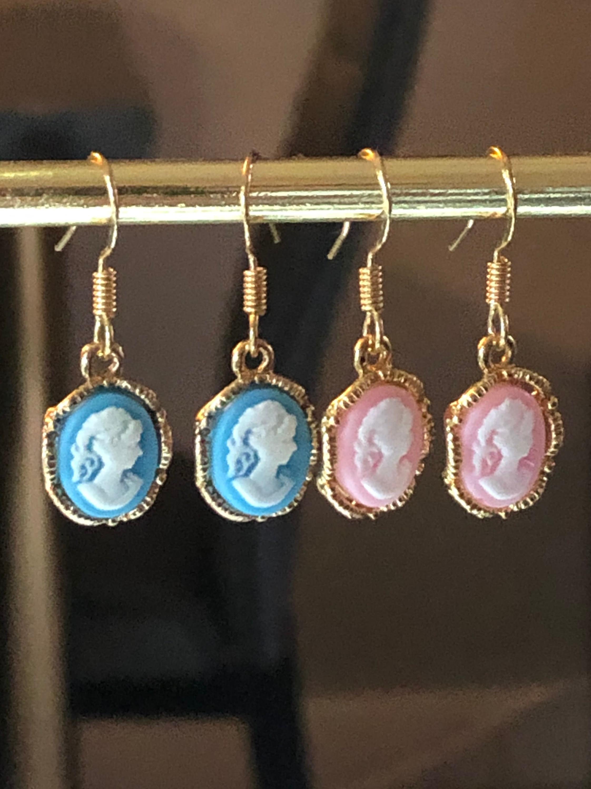 gold tone PINK and white resin small drop CAMEO earrings