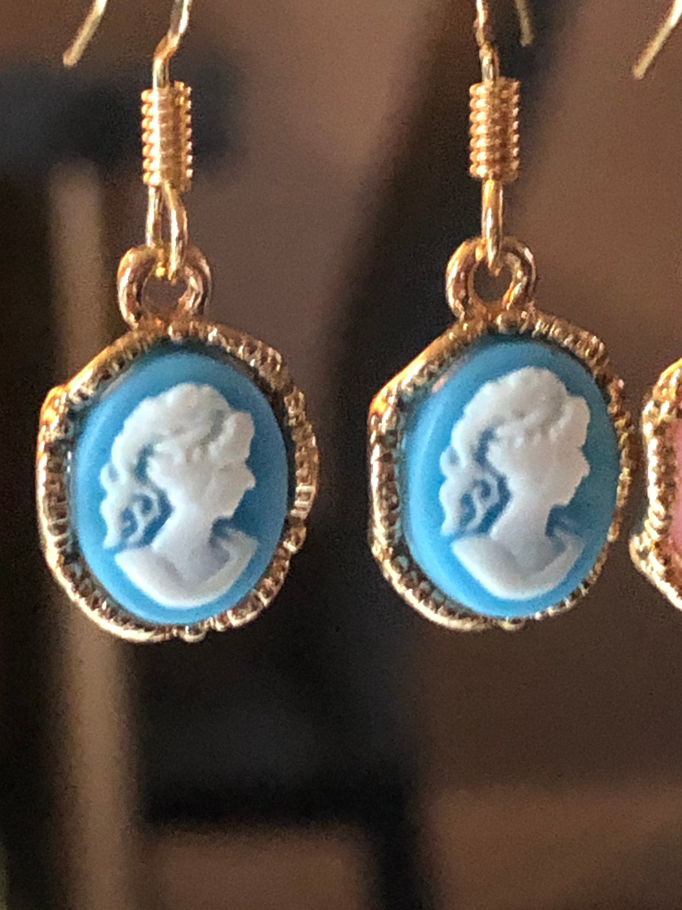 gold tone Wedgwood blue white drop CAMEO earrings