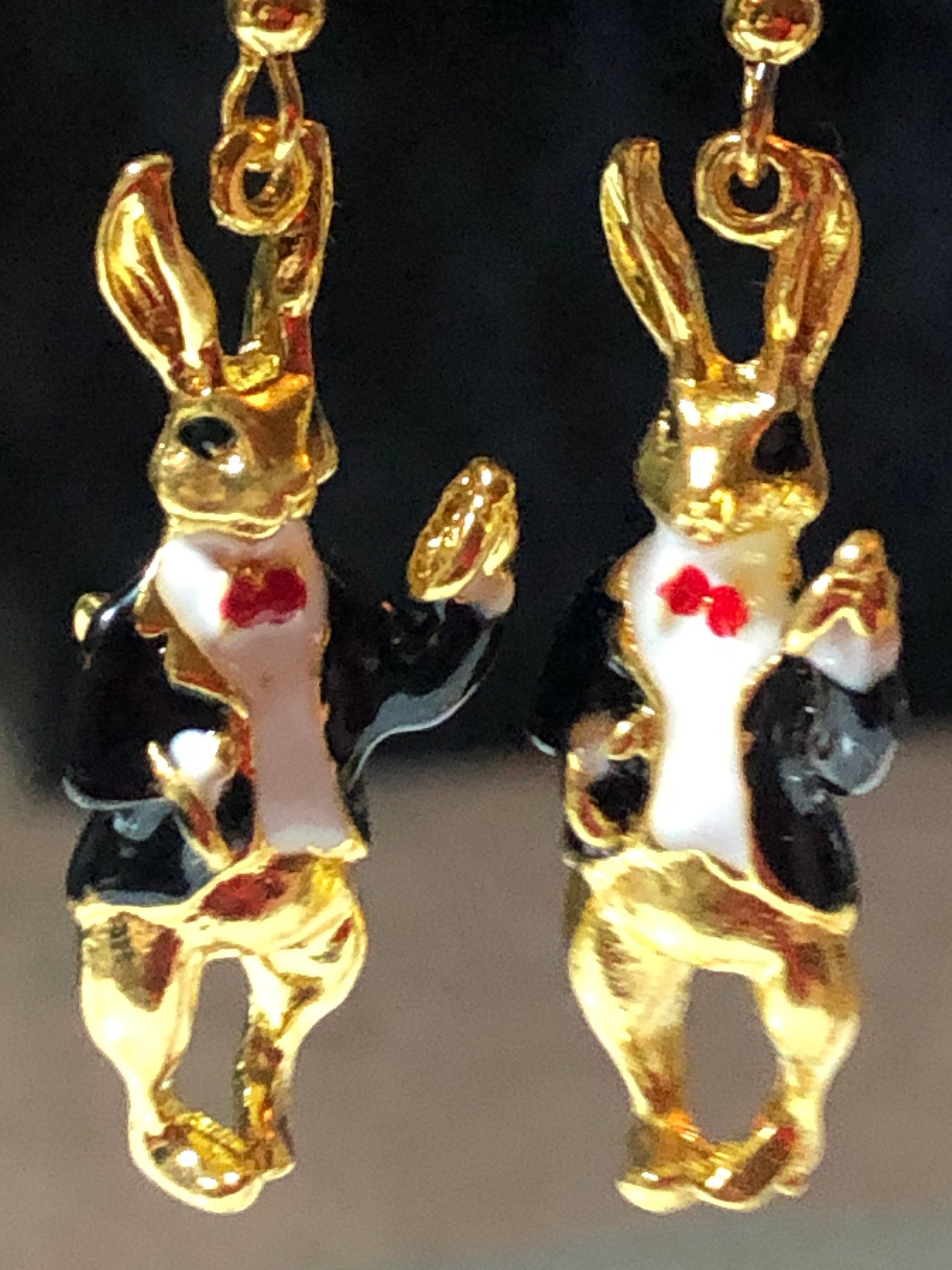 Alice in wonderland inspired rabbit earrings for pierced ears gold tone black white enamel