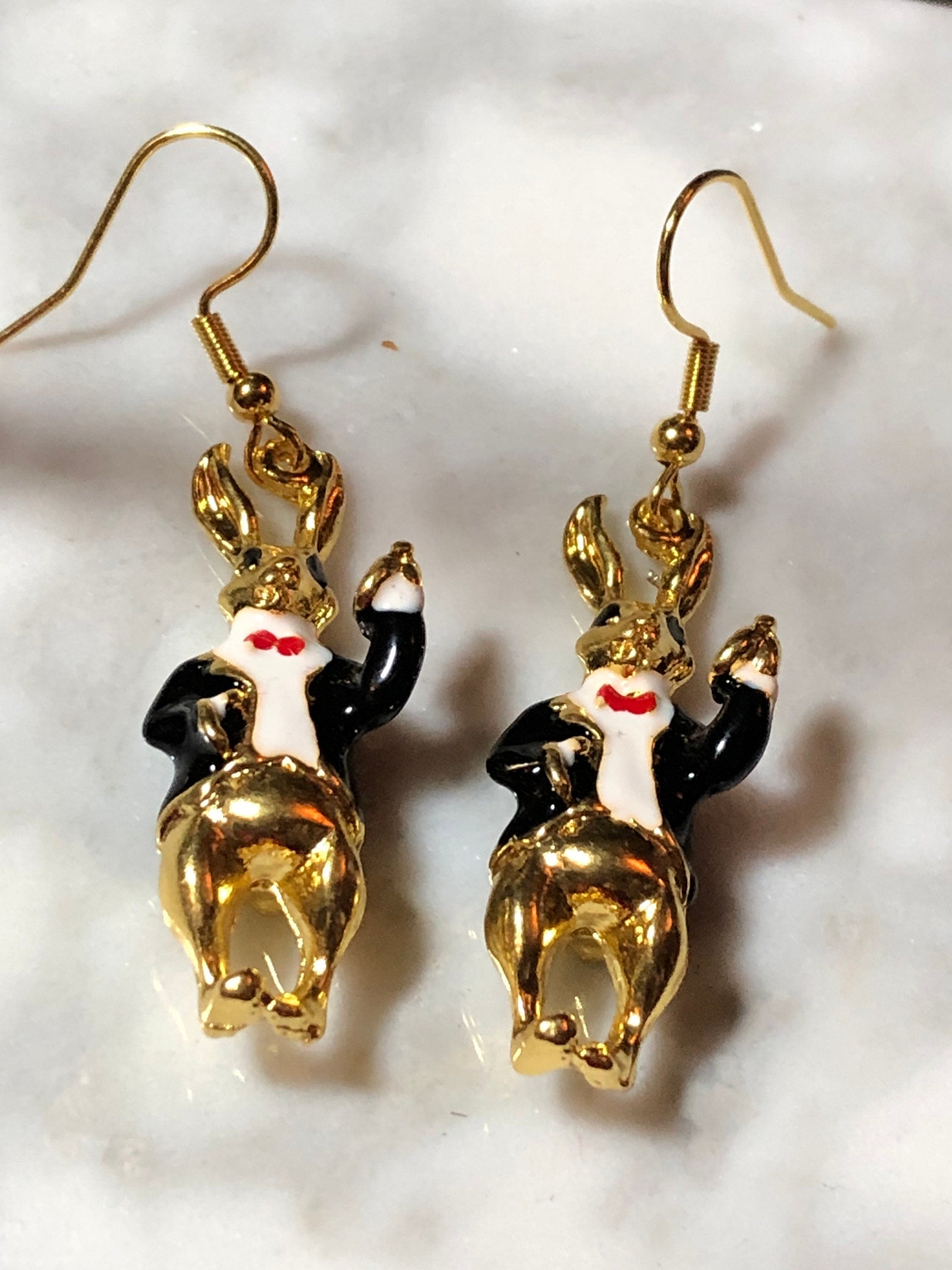 Alice in wonderland inspired rabbit earrings for pierced ears gold tone black white enamel