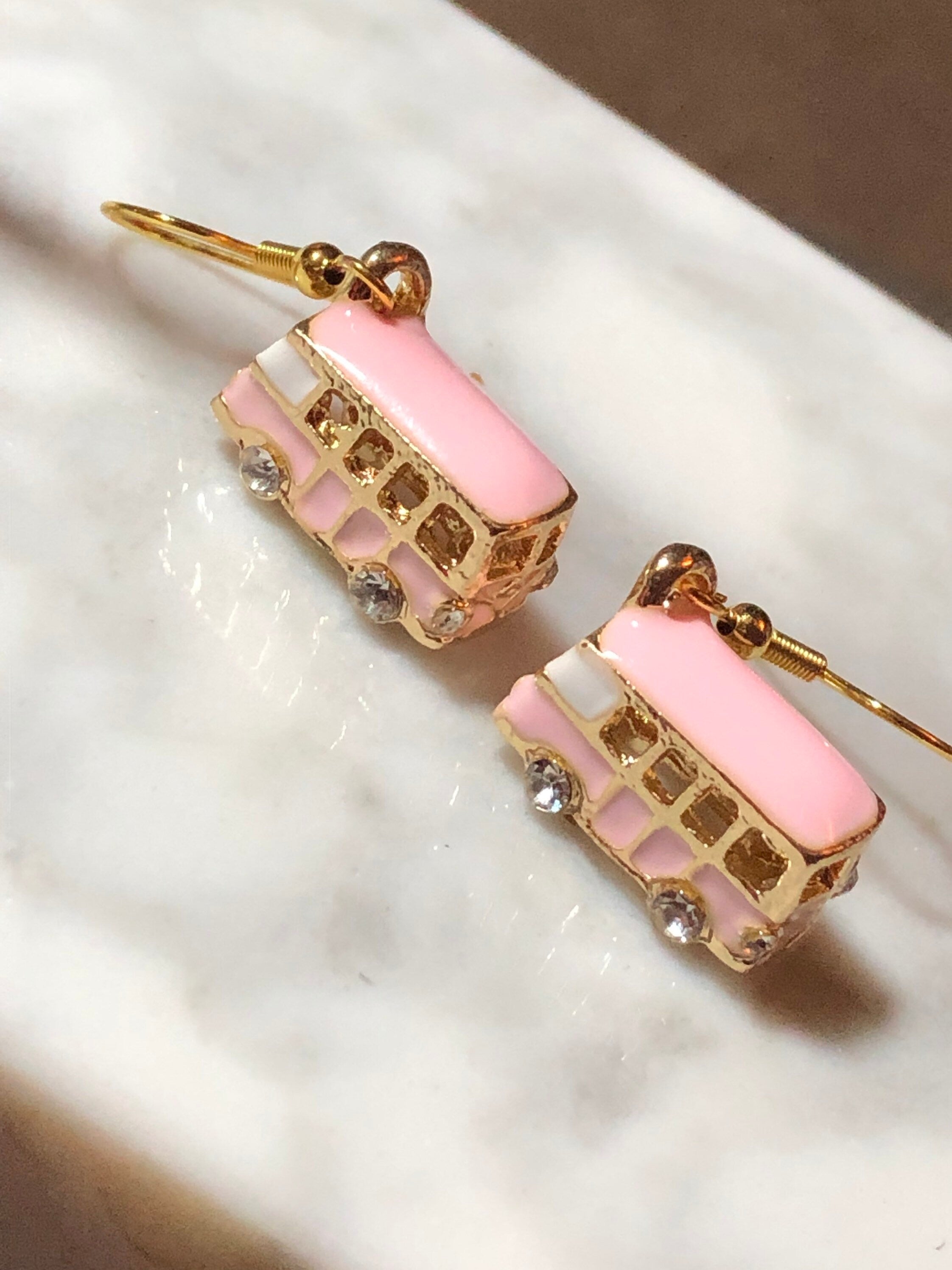 Novelty PINK enamel diamanté vintage camper van drop earrings