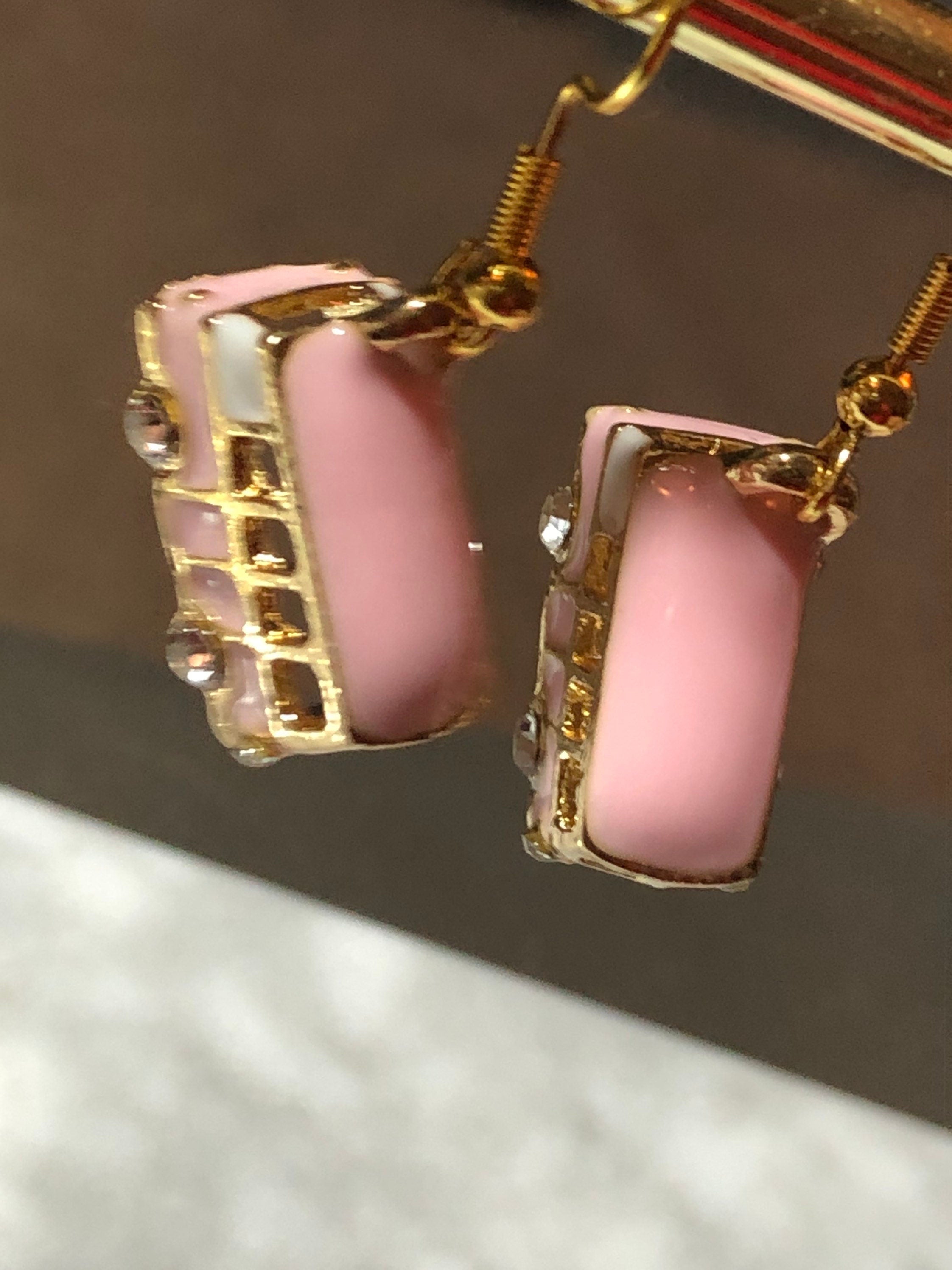 Novelty PINK enamel diamanté vintage camper van drop earrings