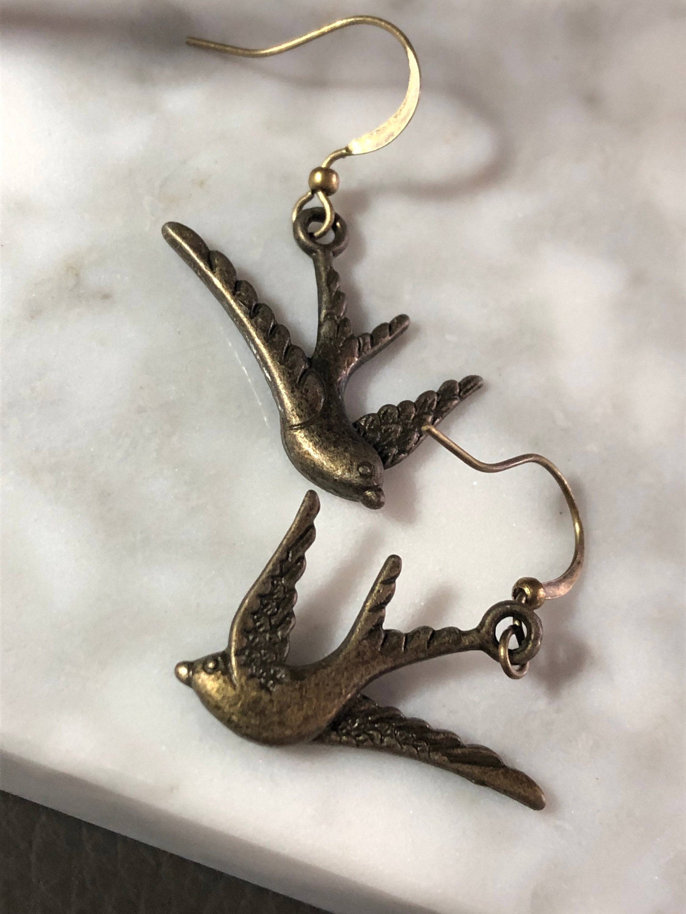 antique gold bluebird swallow earrings pierced ears
