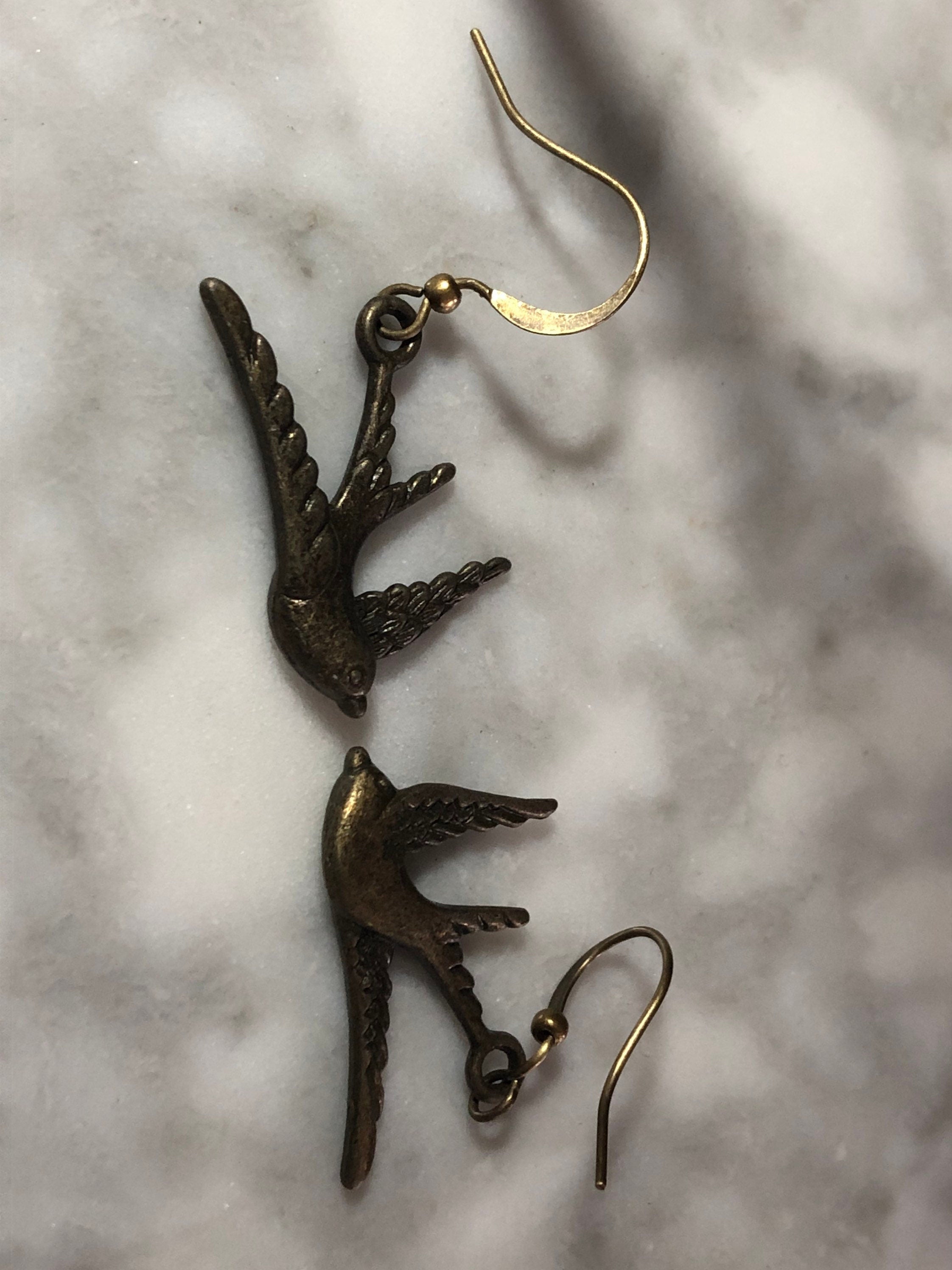 antique gold bluebird swallow earrings pierced ears