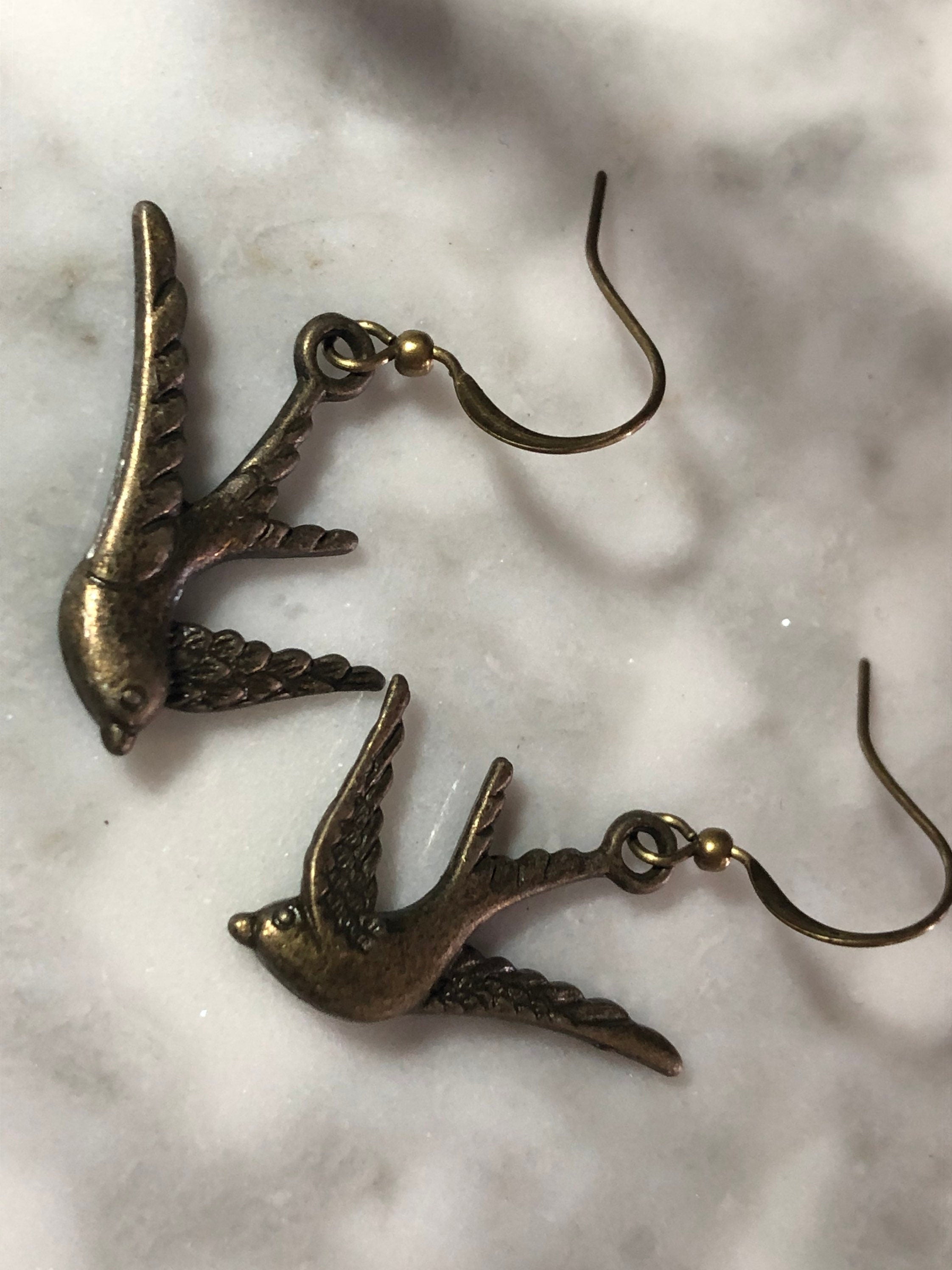 antique gold bluebird swallow earrings pierced ears