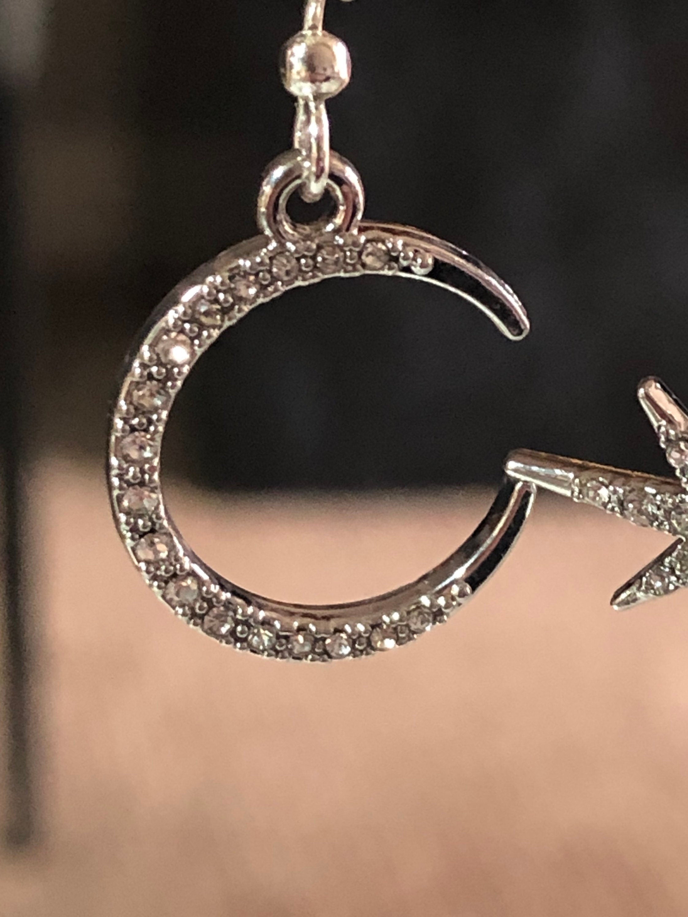 silver tone oversized Celestial star & moon earrings paste diamanté