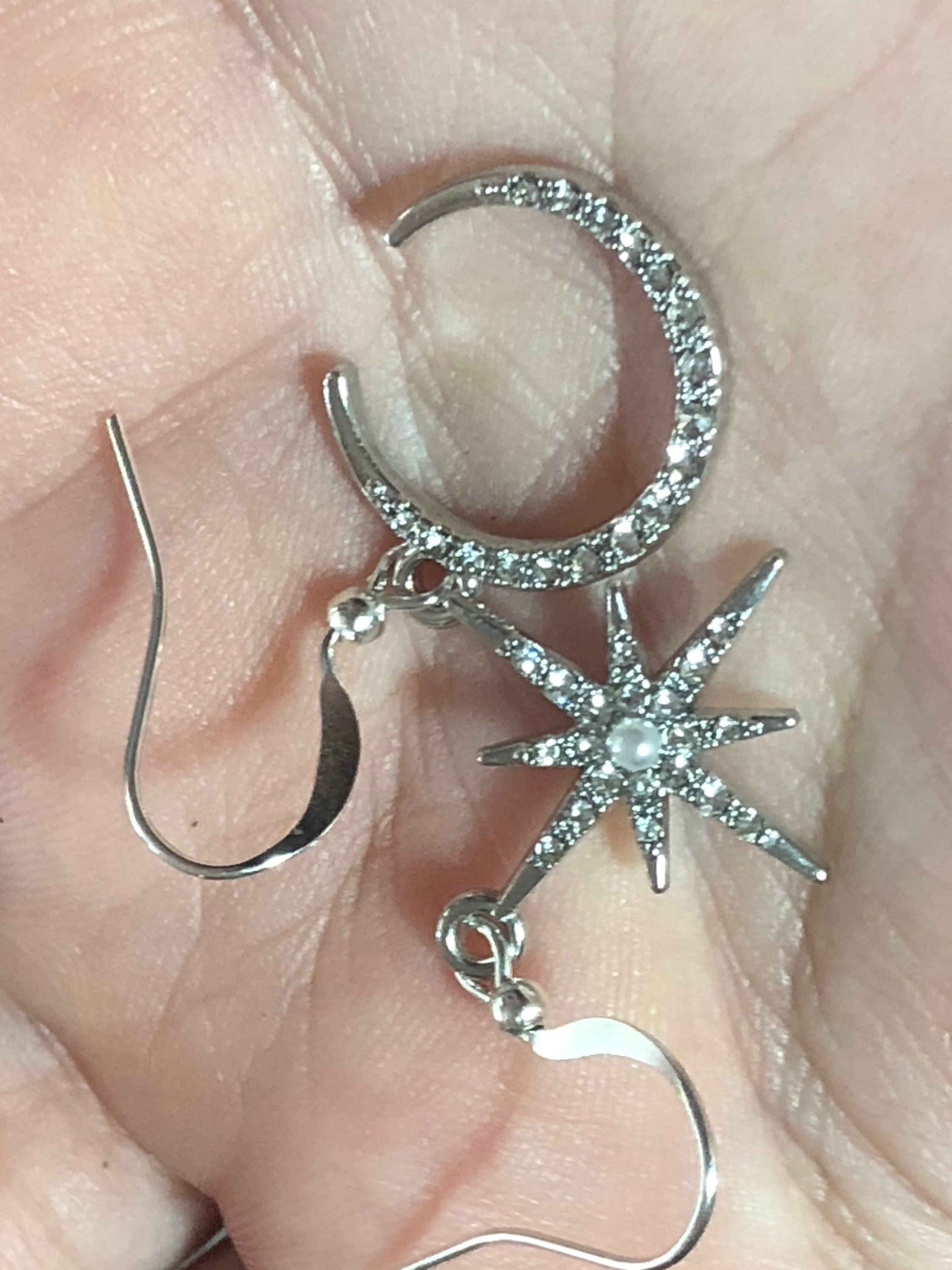 silver tone oversized Celestial star & moon earrings paste diamanté