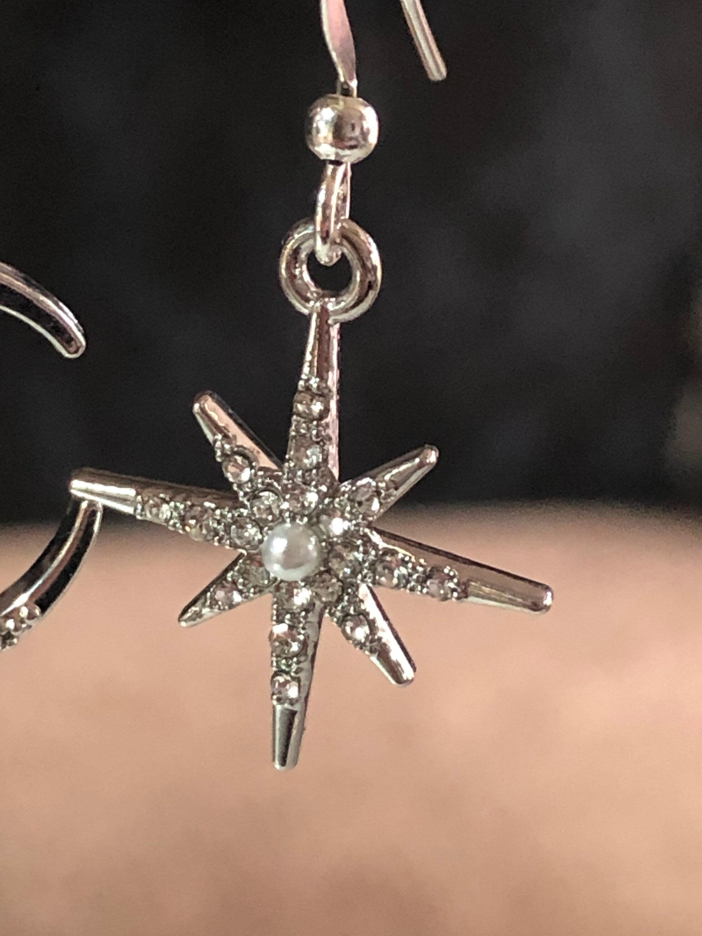 silver tone oversized Celestial star & moon earrings paste diamanté
