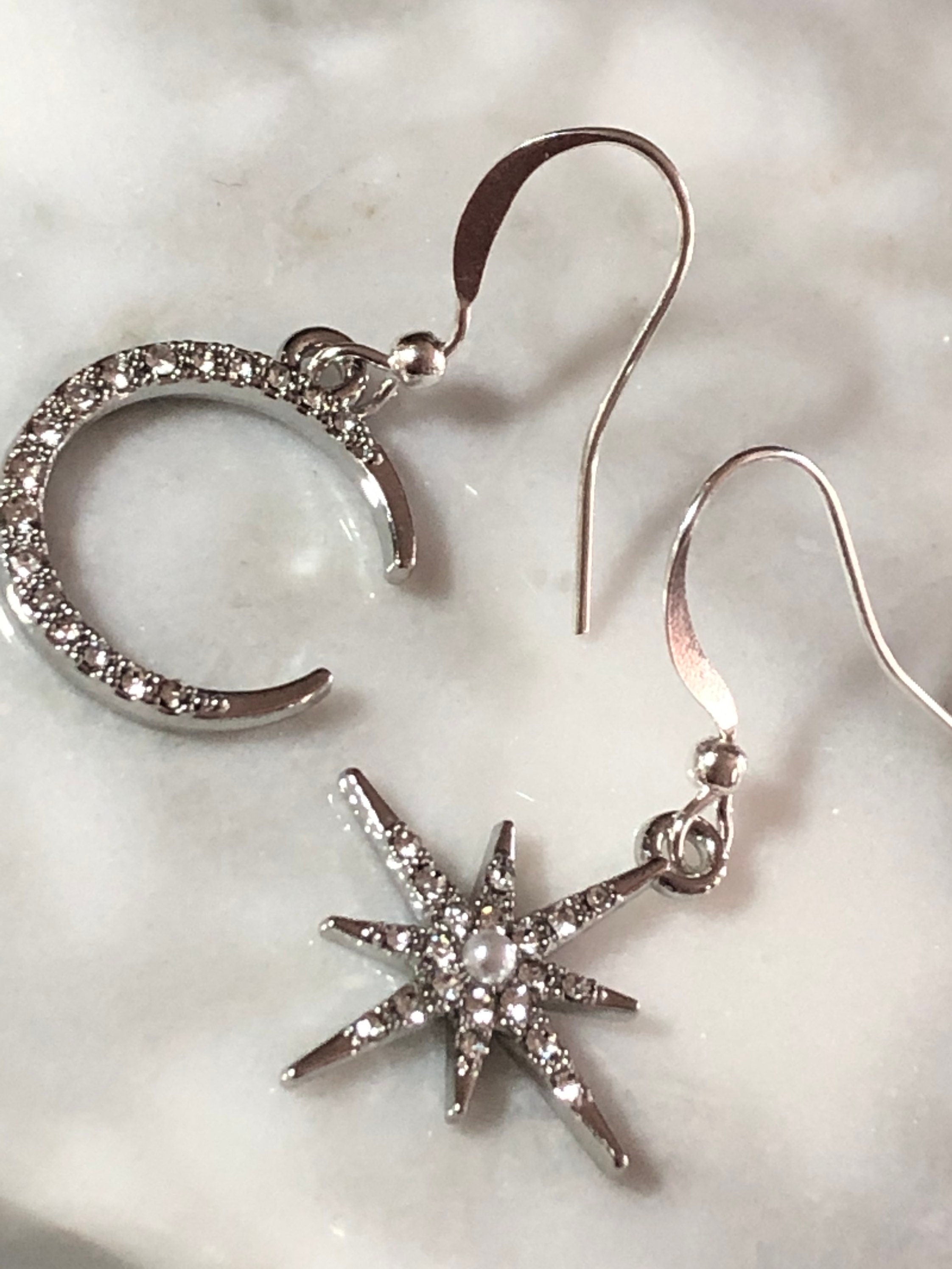 silver tone oversized Celestial star & moon earrings paste diamanté