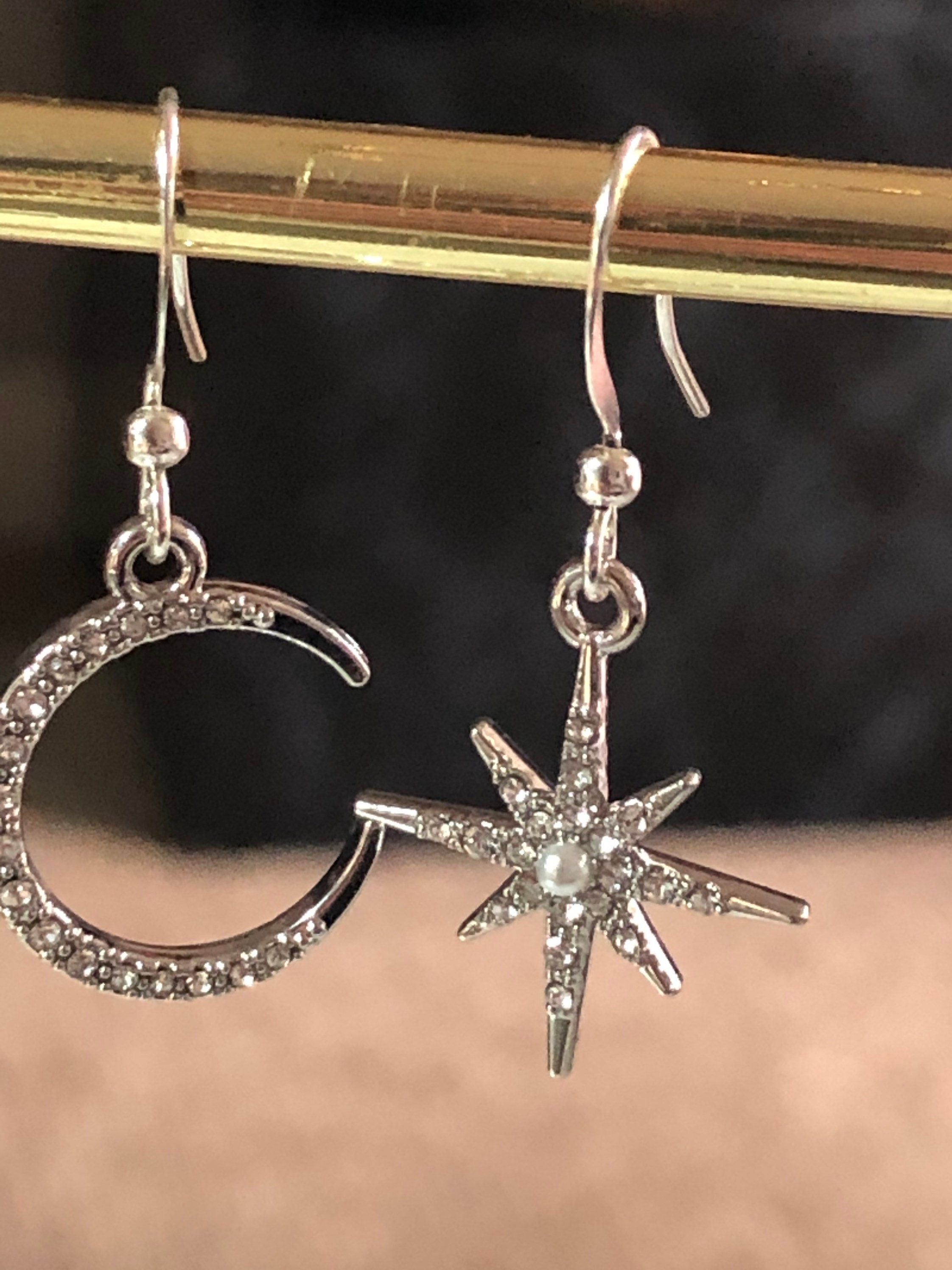 silver tone oversized Celestial star & moon earrings paste diamanté
