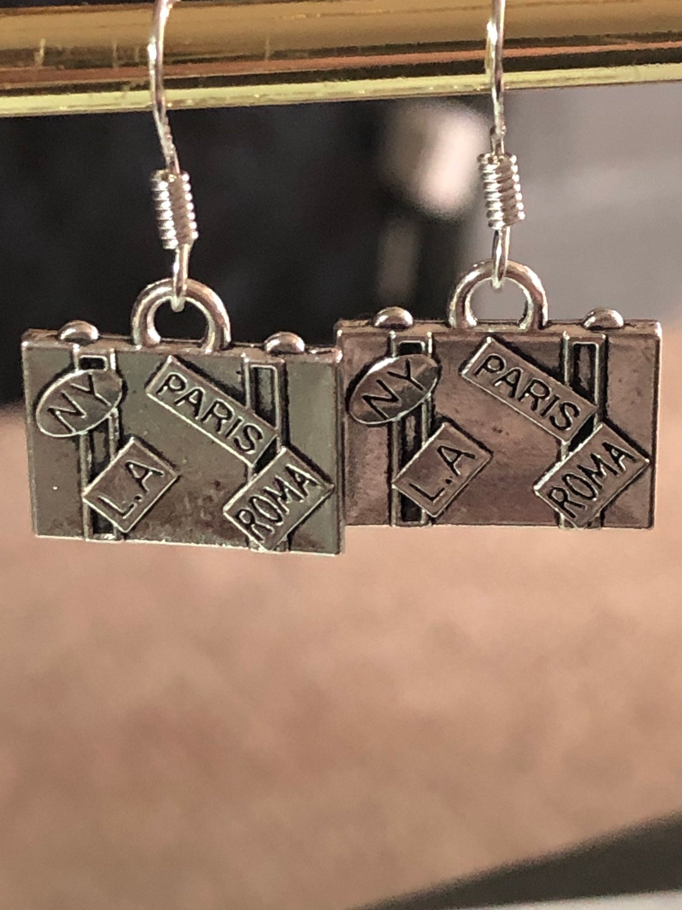 travel suitcase novelty drop earrings pierced ears silver tone
