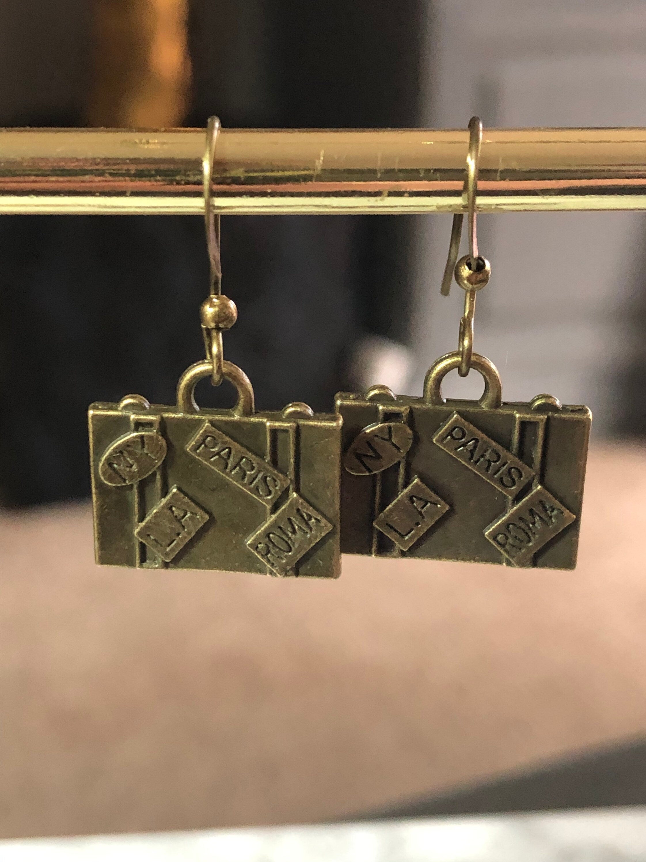 travel suitcase small drop earrings pierced antique bronze gold tone gift for traveller