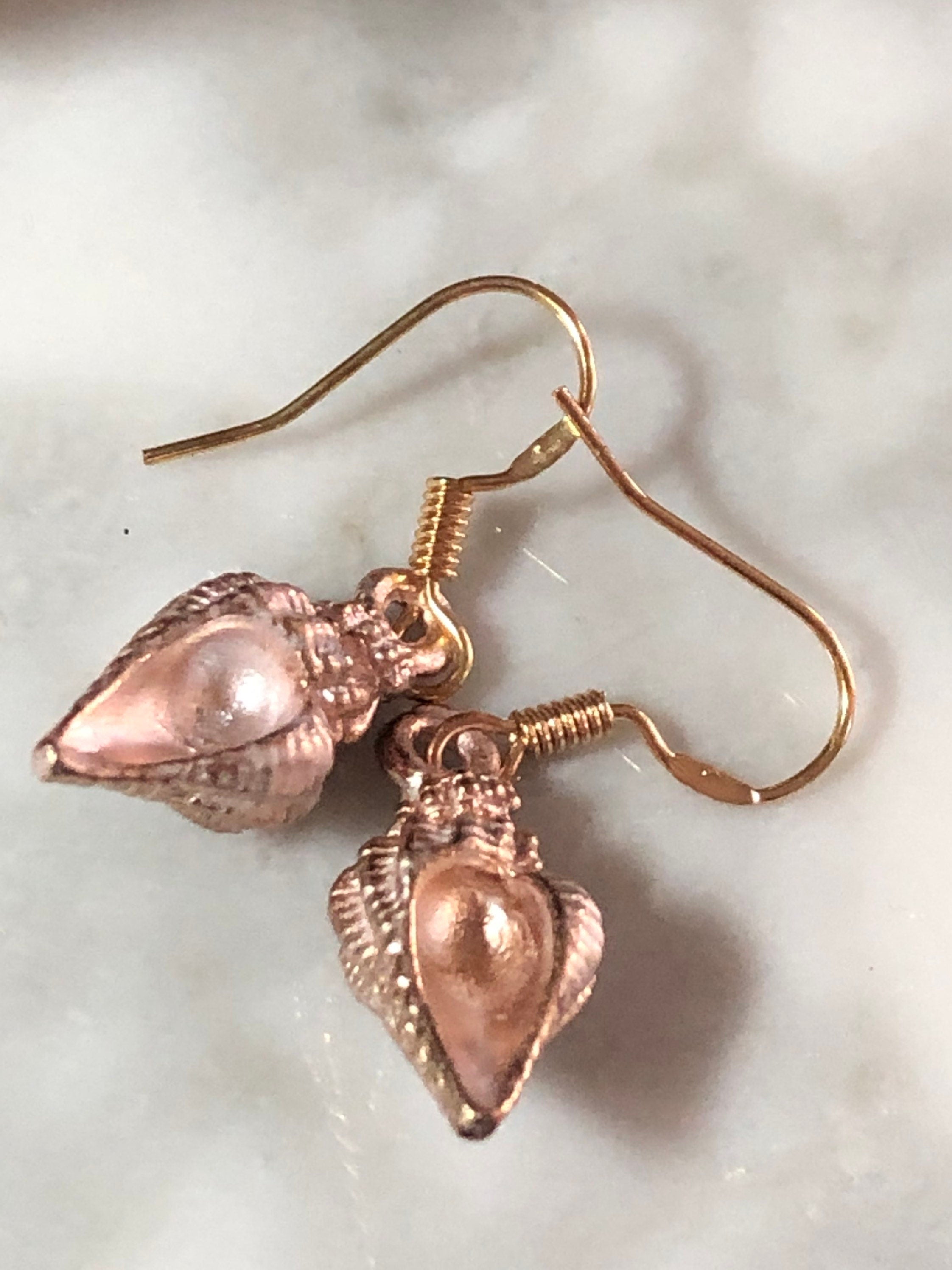 pink enamel seashell drop earrings Nautical gold tone