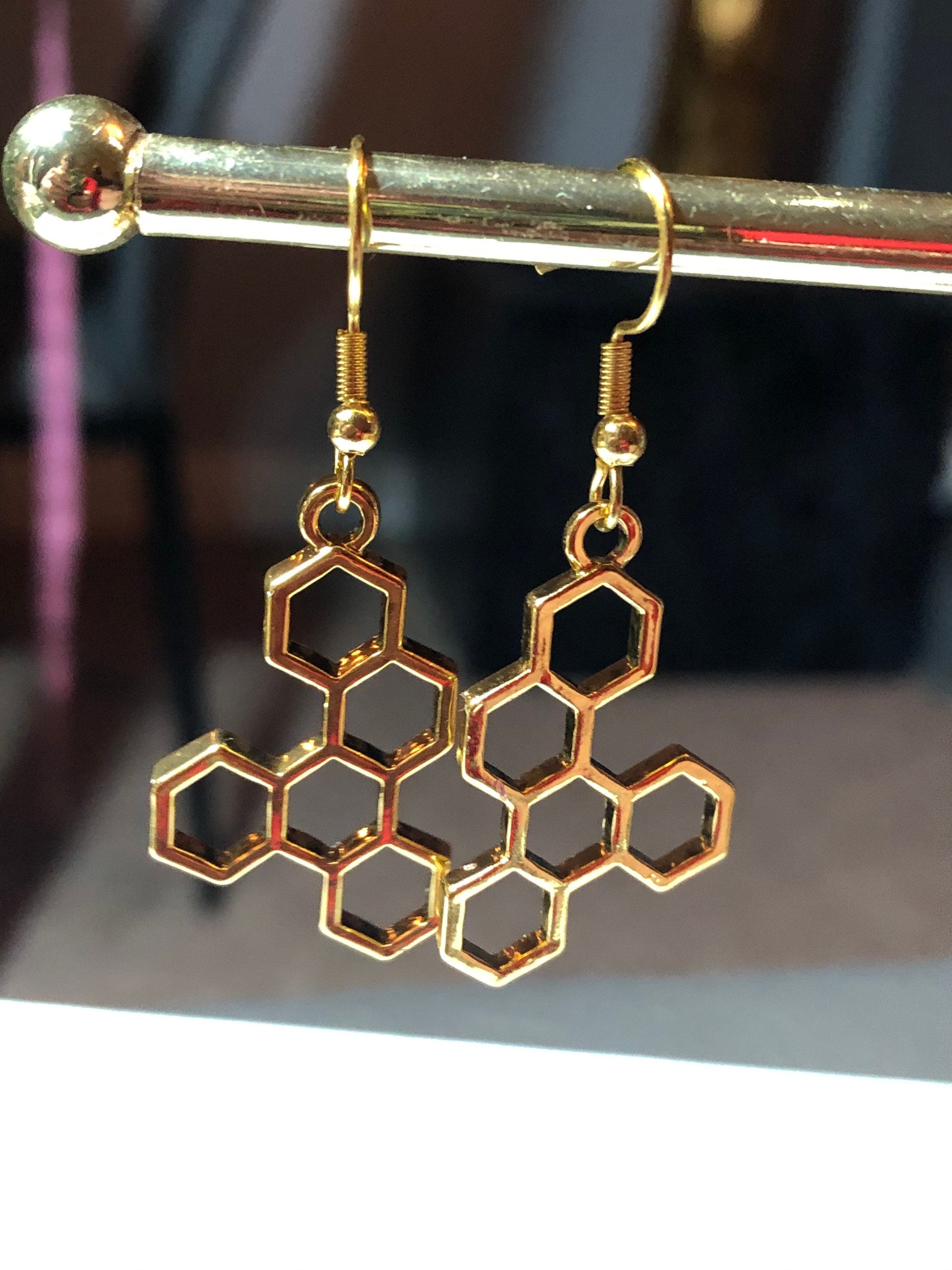 Gold tone honey bee honeycomb drop earrings